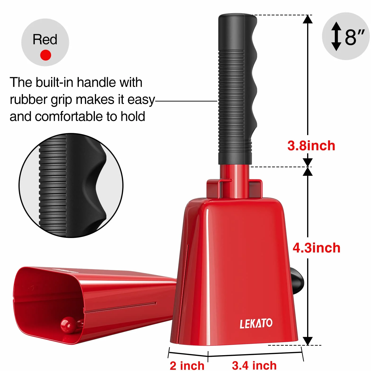 Cowbell 1 szt., stalowy dzwonek krowy 20 cm z uchwytem, dzwonek ręczny na wydarzenia sportowe, mecze piłki nożnej, impreza, farma, dzwonki ręczne perkusyjne instrumenty muzyczne (20 cm, czerwony)