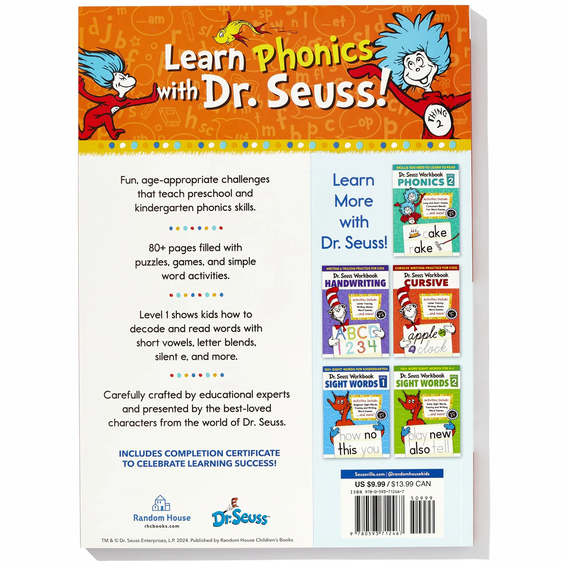 Dr. Seuss Phonics Level 1 Workbook: A Phonics Workbook to Help Kids Ages 4-6 Learn to Read (For Kindergarten and Beyond)