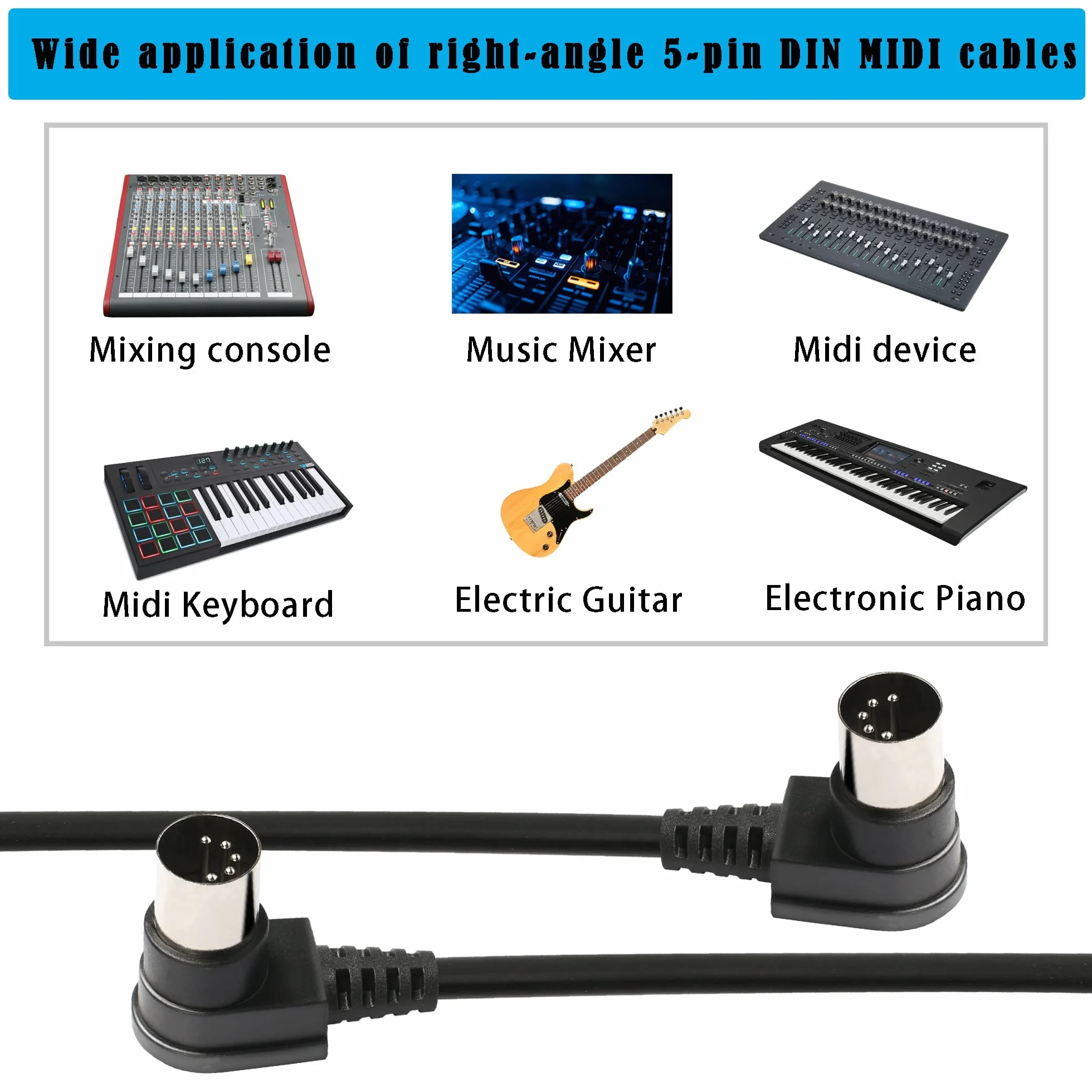 GINTOOYUN Kabel MIDI DIN 5-pinowy pod kątem prostym, kąt prosty 90 stopni, 5-pinowy DIN męski pod kątem prostym 90 stopni, męski kabel audio MIDI do miksera muzyki, urządzenia MIDI itp. (3 m)