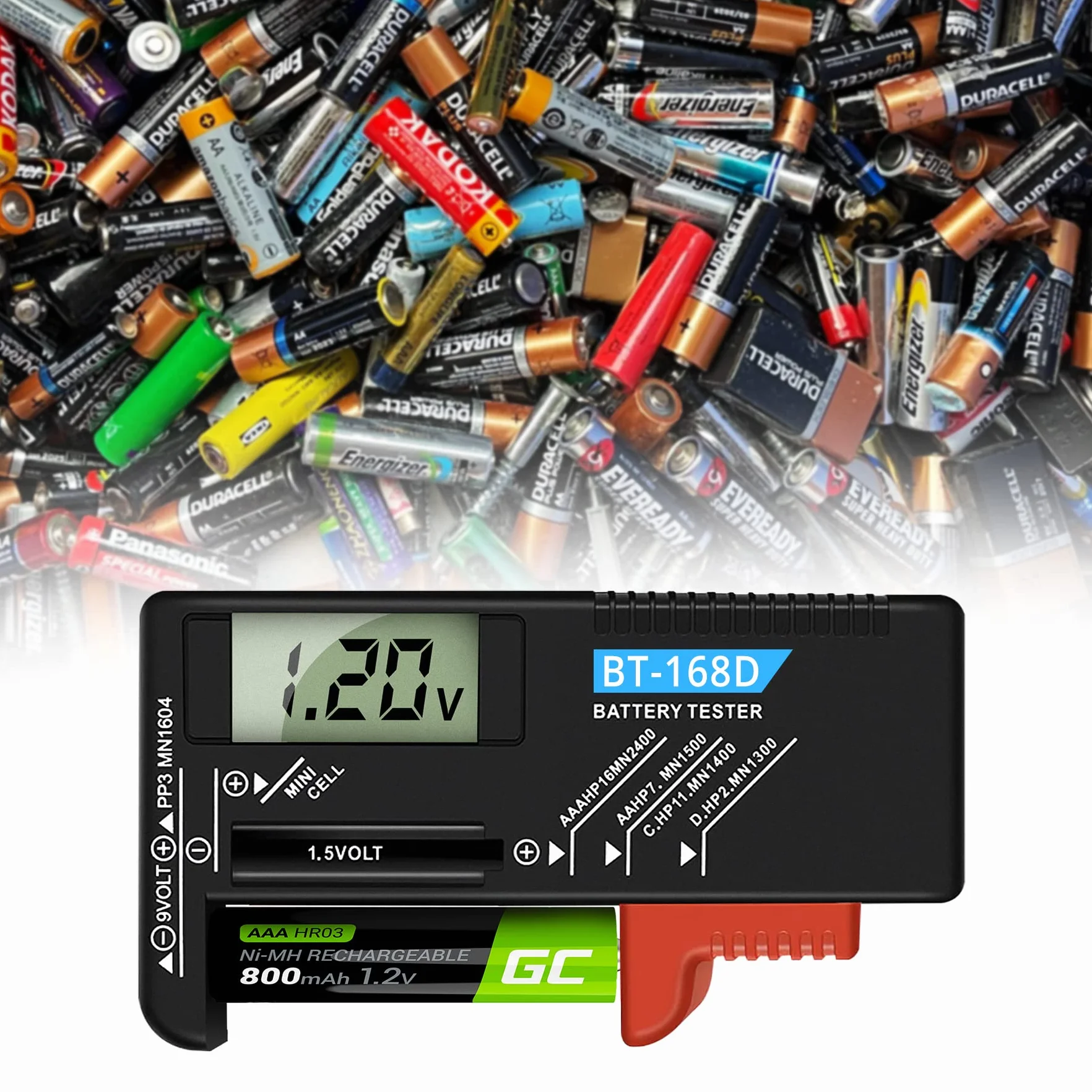 Retoo Cyfrowy tester baterii AAA, AA, CR, przycisk 1,5 V, 3,7 V, 9 V, wskaźnik naładowania/woltu, sprawdzania i miernika
