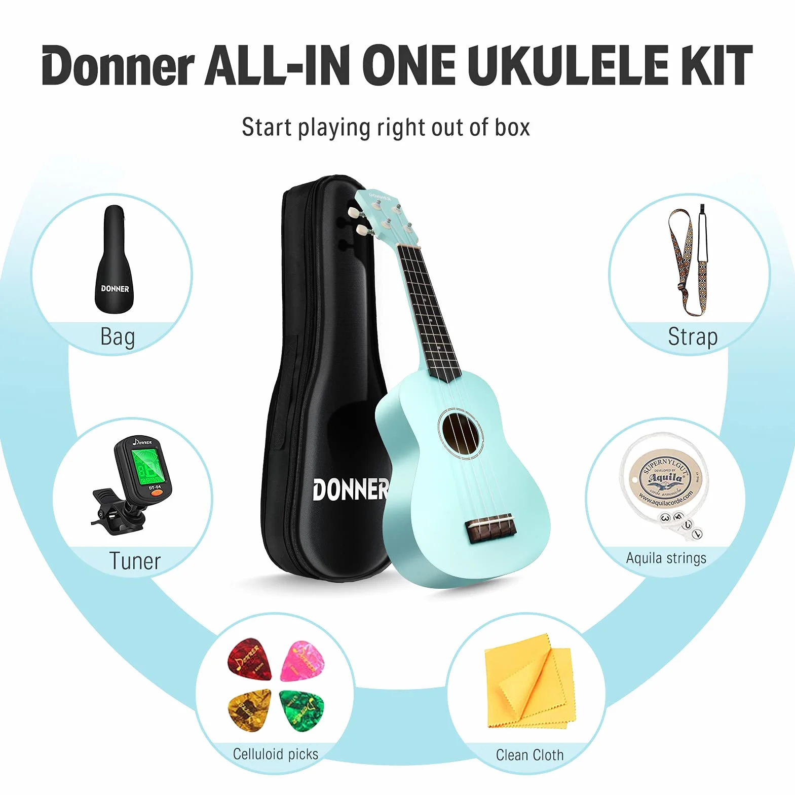 Donner Ukulele sopranowe dla początkujących dorosłych ukelele z paskiem online za darmo na lekcje pasek tunera, DMU-01 21 cali matowy pakiet ukalee zestaw Macaron Series-Miętowy zielony