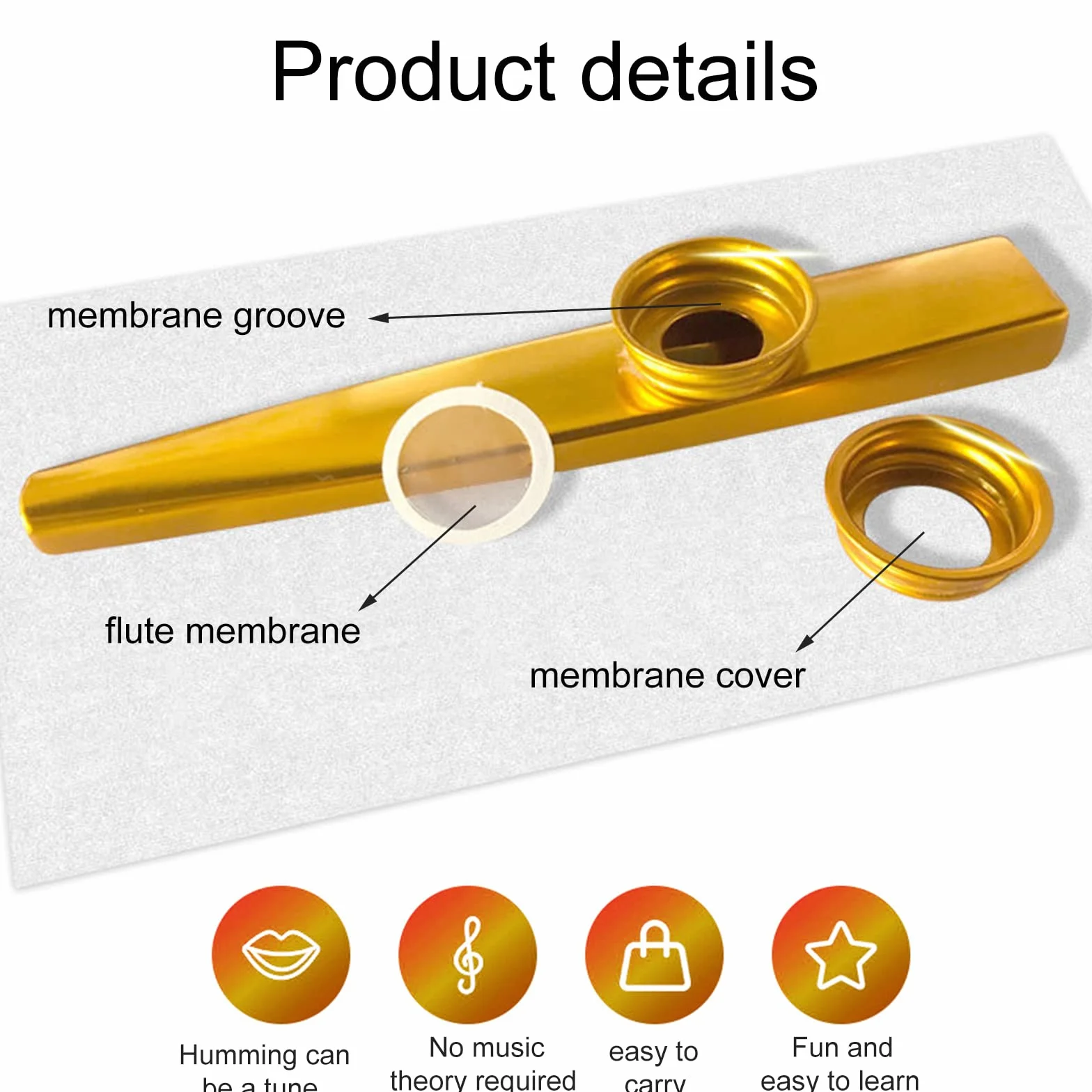 Kazoo metalowy instrument muzyczny, zestaw 10 membran fletowych i 3 smyczek, dla dzieci miłośników muzyki (złoty, czerwony, zielony) Butyeak