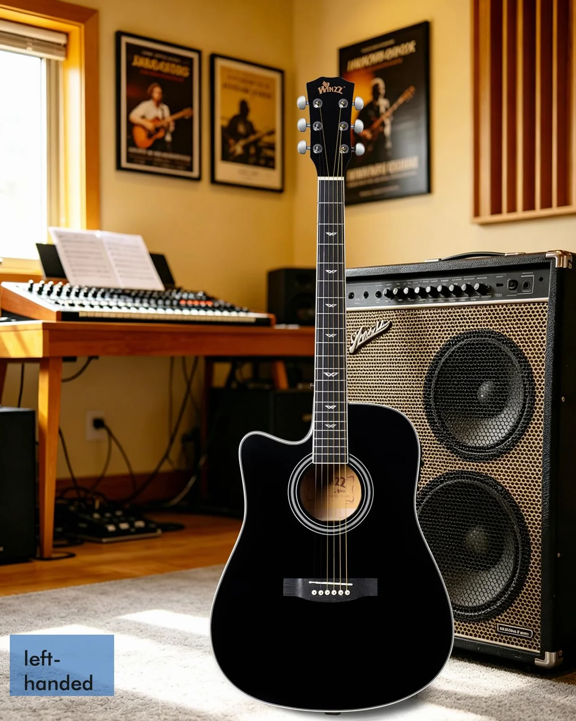 Winzz Elektryczna gitara akustyczna 4/4, dla leworęcznych, zachodnia gitara, dla dorosłych, początkujących, gitara akustyczna 100 cm z 4-pasmowym korektorem (dreadnought, błyszcząca czerń)