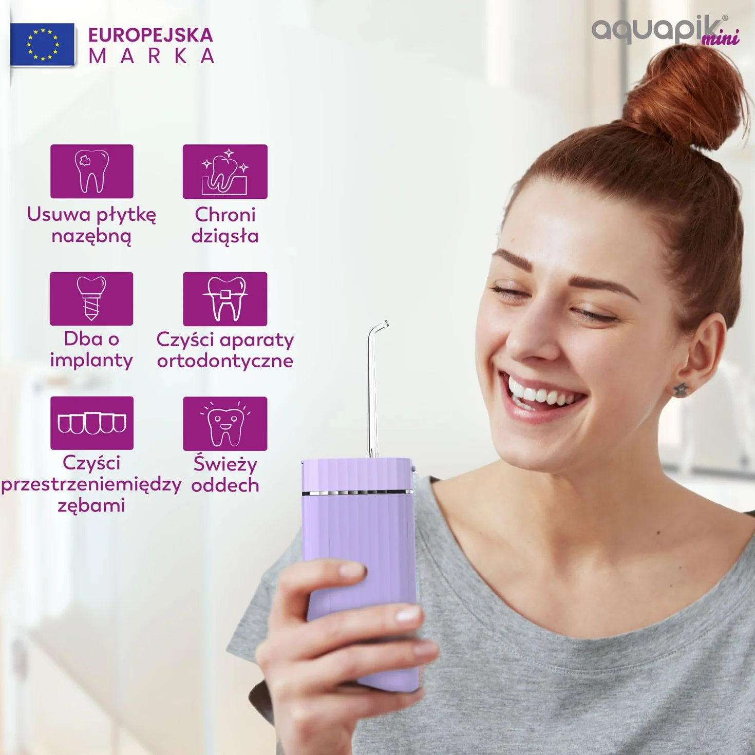 Aquapik Mini przenośny irygator dentystyczny. 3 tryby użytkowania, wodoodporny IPX7, 4 dysze w zestawie, akumulator i kompaktowy, idealny w podróży, polecany przez dentystów dla całej rodziny