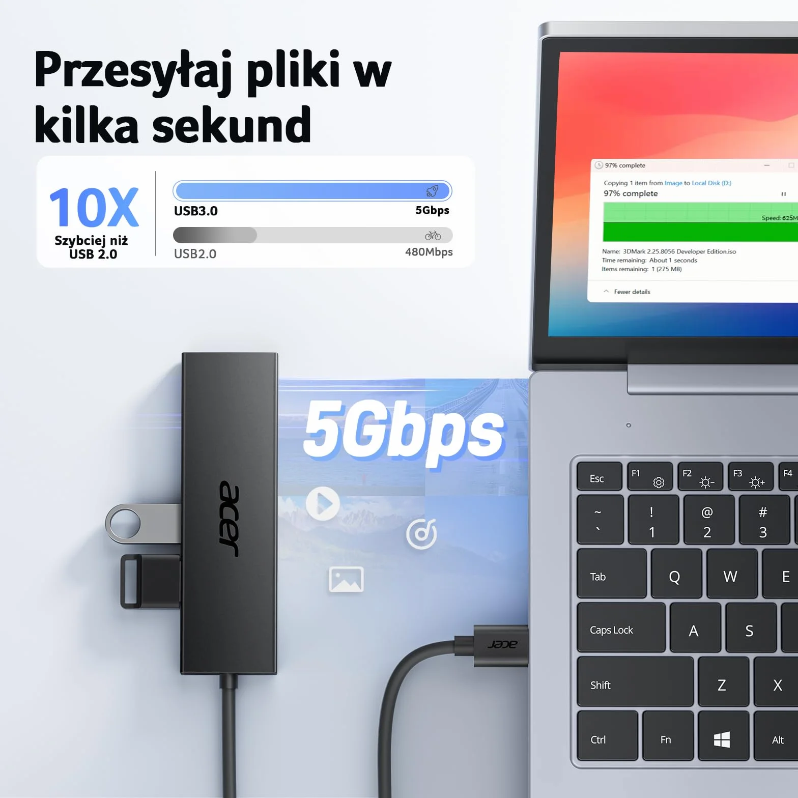 acer USB 3.0 HUB z zasilaczem USB-C, Ultra Slim Multiport Hub 4 Porty do laptopa, komputera, klawiatury, myszy, dysku twardego, MacBook Pro/Air, iMac, Surface Pro, macOS, Windows, Linux itp. - 60cm
