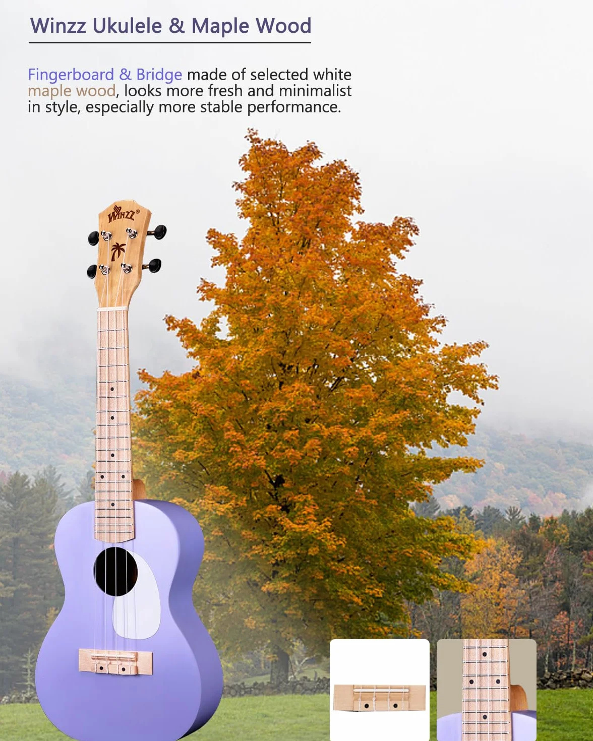 Ukulele soprano Winzz dla dzieci 51 cm 4 struny fioletowe drewno
