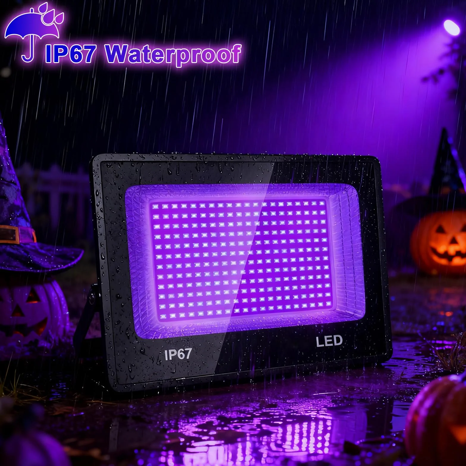 Reflektor UV CREATESTAR 100 W z 240 diodami LED i lampą grafenową UV o długości fali 315–400 nm, wodoodporny IP67, do efektów specjalnych, ochrony i imprez (1 szt.)