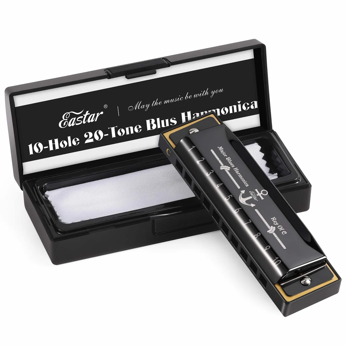 Eastar Major Blues harmonijka diatoniczna 10 otworów C klucz dla początkujących harmonijka dla dzieci i dorosłych z twardą obudową i tkaniną, czarna
