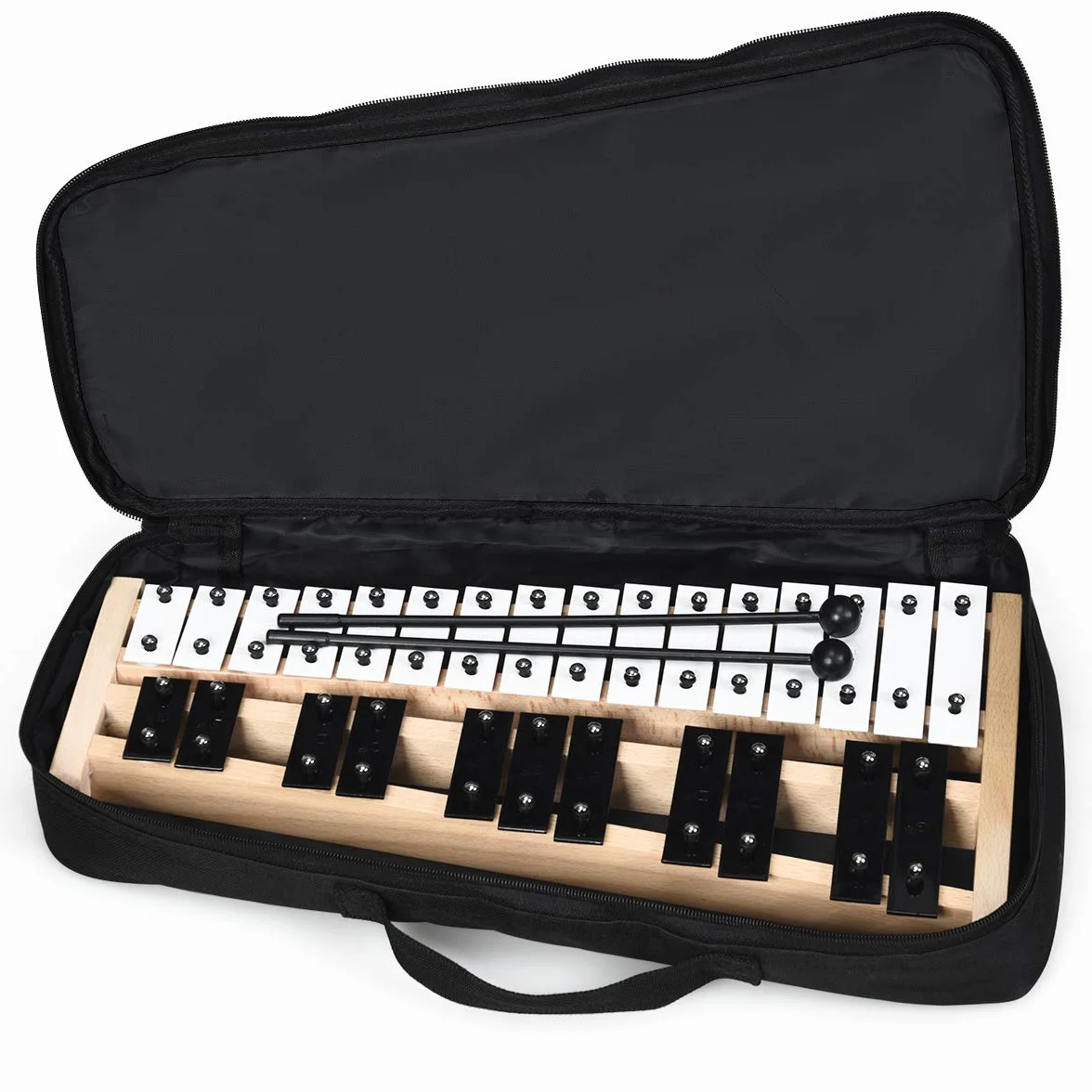 KOMFOTTEU 27 nut ksylofonu, dzwonki z metalowymi przyciskami i drewnianą podstawą, ręczna perkusja z 2 pałeczkami do noszenia, instrument perkusyjny do występów, koncert muzyczny