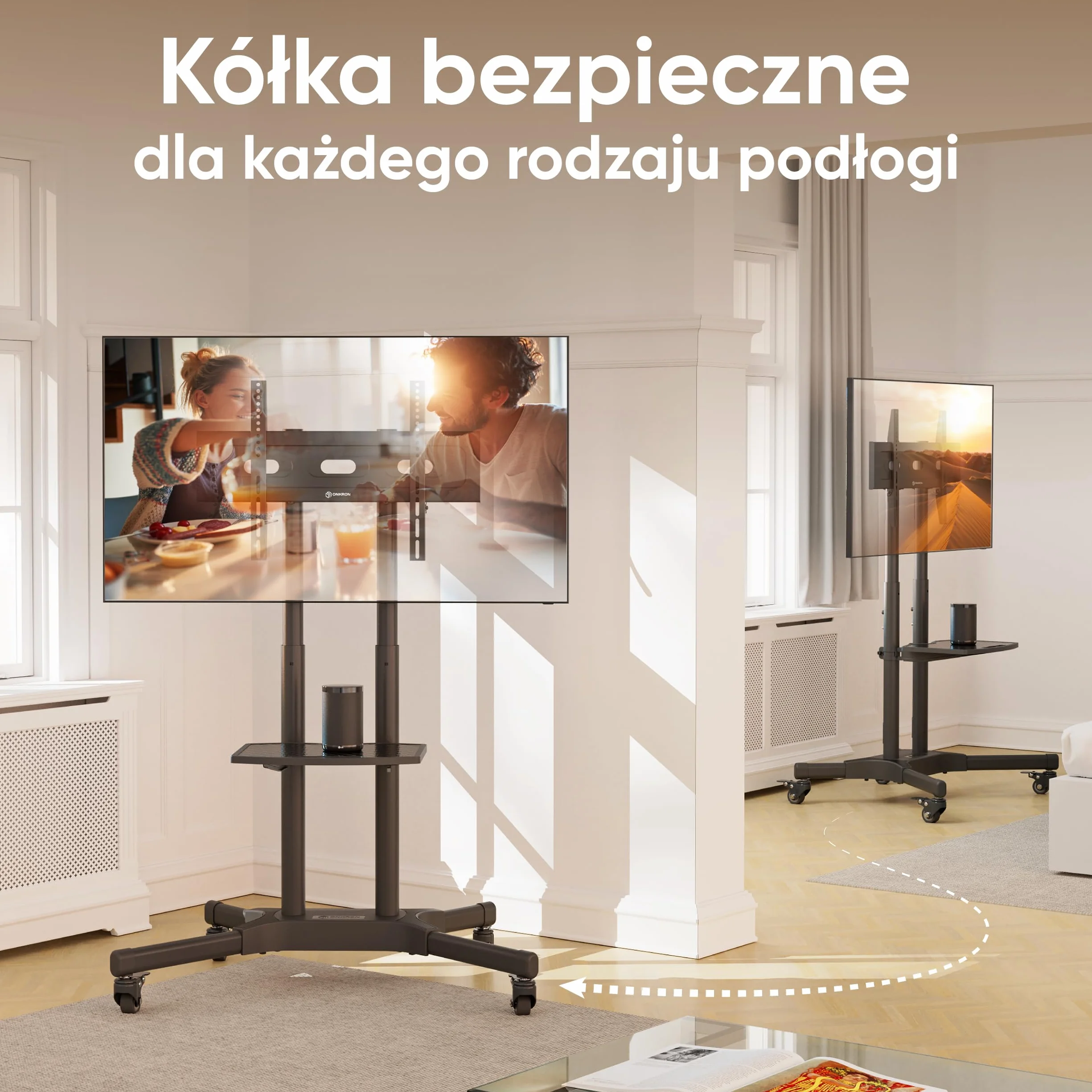 ONKRON Stojak na telewizor na kółkach dla ekranów 32" - 65" do 50 kg, regulowany na wysokość max VESA 600x400 - Uniwersalna podstawa TV/Wózek na telewizor z kółkami, czarny TS1351-B