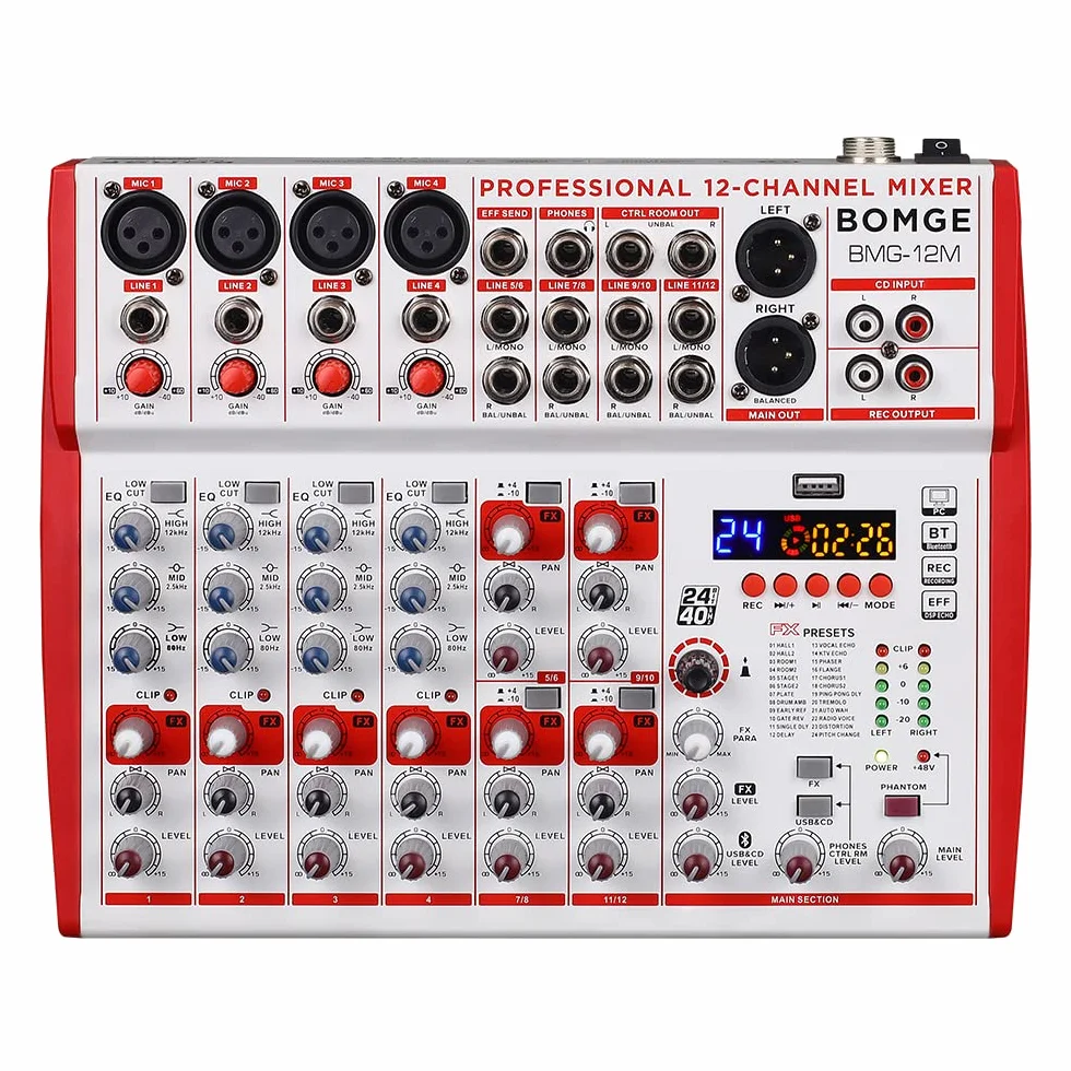 BOMGE 12-wejściowa płyta dźwiękowa mikser z przedwzmacniaczami mikrofonowymi i kompresorami, 24 DSP, Bluetooth, zasilanie 48 V, brytyjski EQ i interfejs USB/audio do nagrywania, karaoke i podcastów.