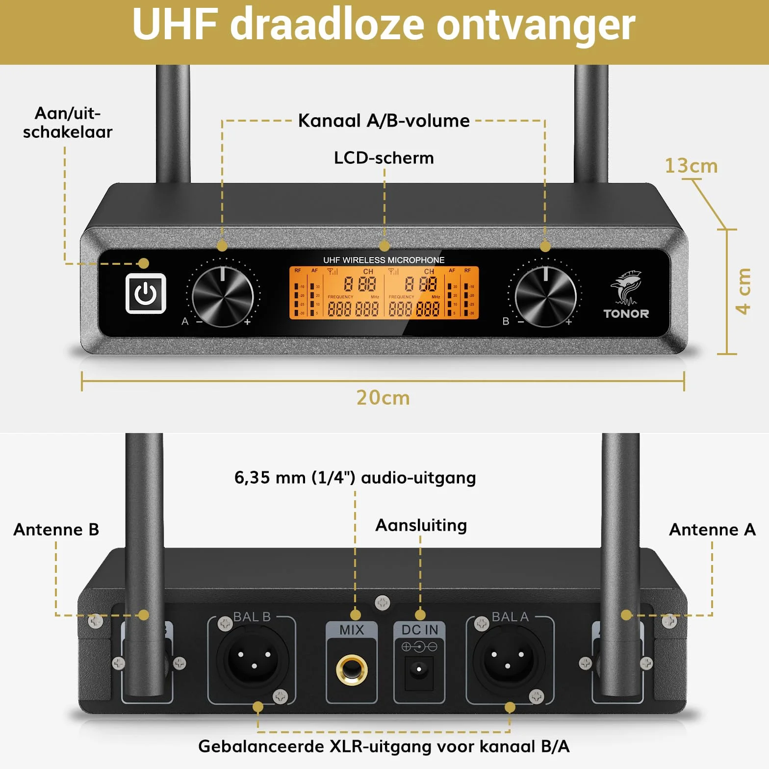 TONOR Bezprzewodowy Mikrofon UHF TW820, Podwójny Ręczny System Mikrofonowy, 60 m, Czarny i Czerwony