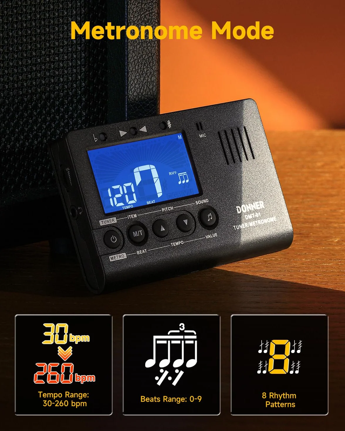 Donner Tuner metronomowy do wszystkich instrumentów, gitara, bas, skrzypce, ukulele, trąbka, chromatyczny, klarnet, flet, cyfrowy metronom 3 w 1, z tunerem/metronomem/generatorem tonów, DMT-01