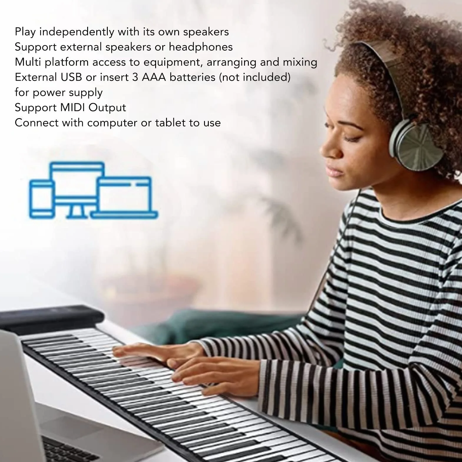 Roll Up Piano, 49 Klawiszy Przenośne Elektroniczne Pianino, Dźwięk Przestrzenny 4D USB Elektroniczne Ręczne Pianino Zwijane, dla Początkujących Dorosłych Prezenty(PM49)