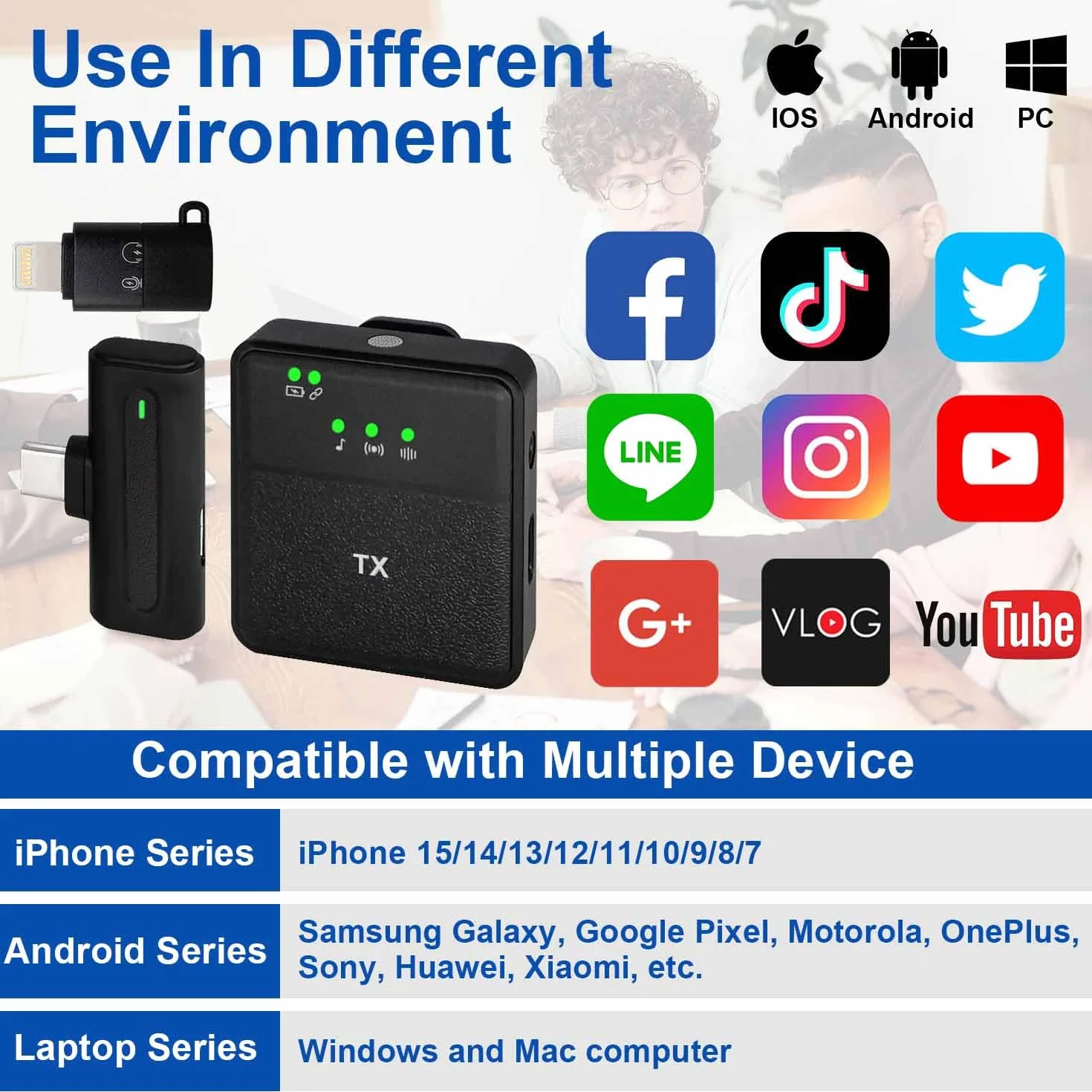 Kinizuxi Mikrofon bezprzewodowy do iPhone'a iPad Android i PC, 2,4 G Plug&Play Smartphone Mikrofon Mini Mic Bezprzewodowy mikrofon z 3 trybami dźwięku do nagrywania wideo, TikTok, YouTube, Vlog