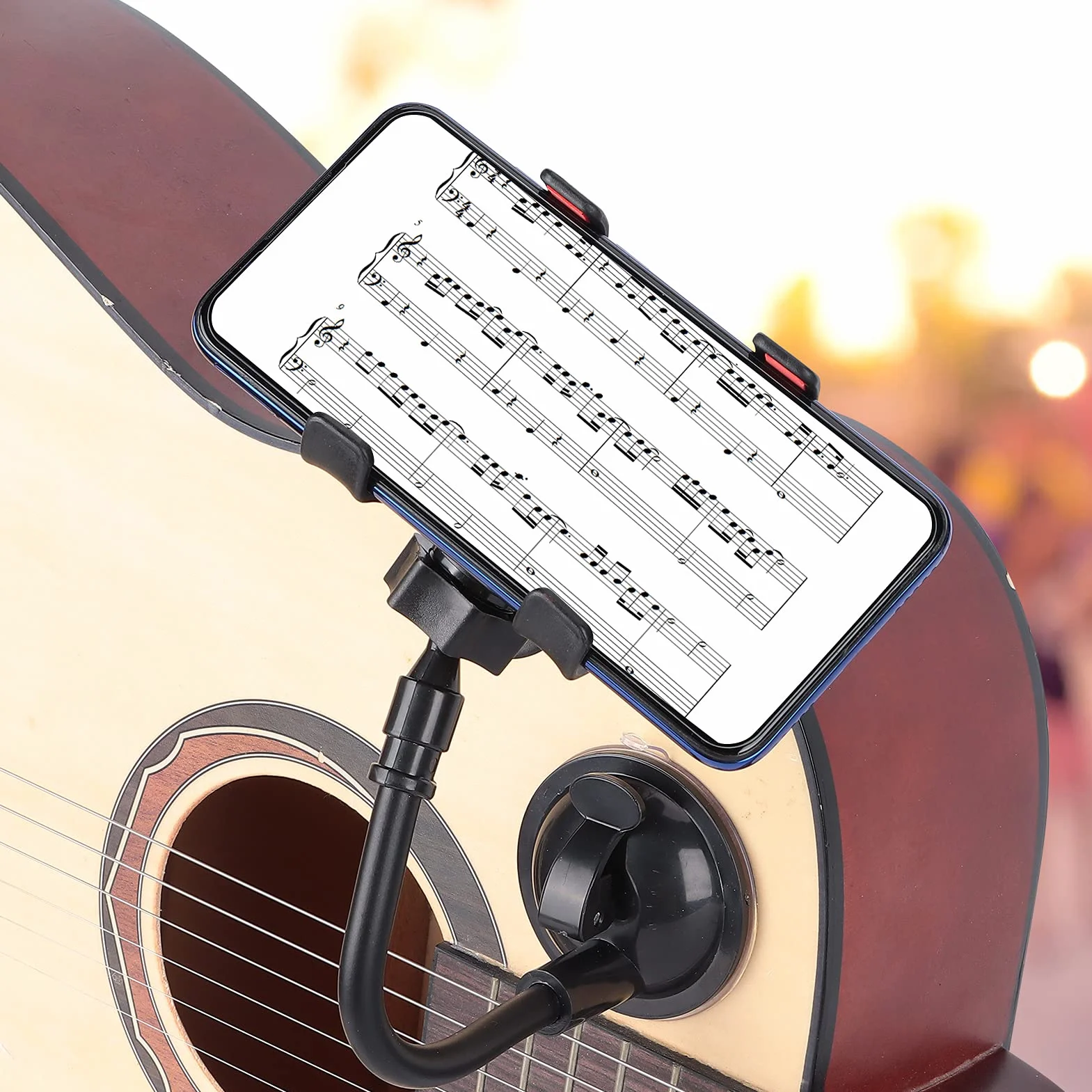 Obrotowy uchwyt na telefon gitarowy o 360 stopni, uchwyt na klips do smartfonów (rozmiar: 12 x 6 cm / 4,7 x 2,4 cala i poniżej), bezpieczny i stabilny, praktyczny do gry na gitarze, nagrywania