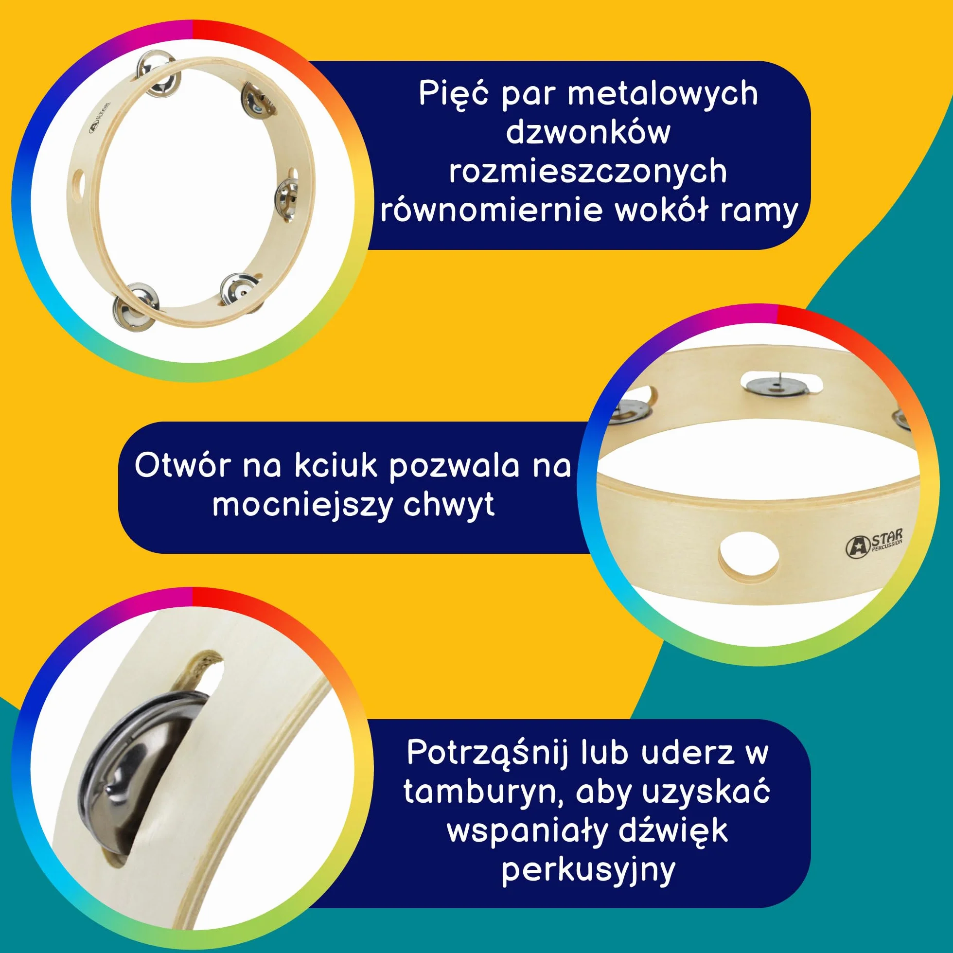 A-Star 8 cali/20 cm ręczny drewniany tamburyn bez głowy, tradycyjny pojedynczy rząd Jingle Bell