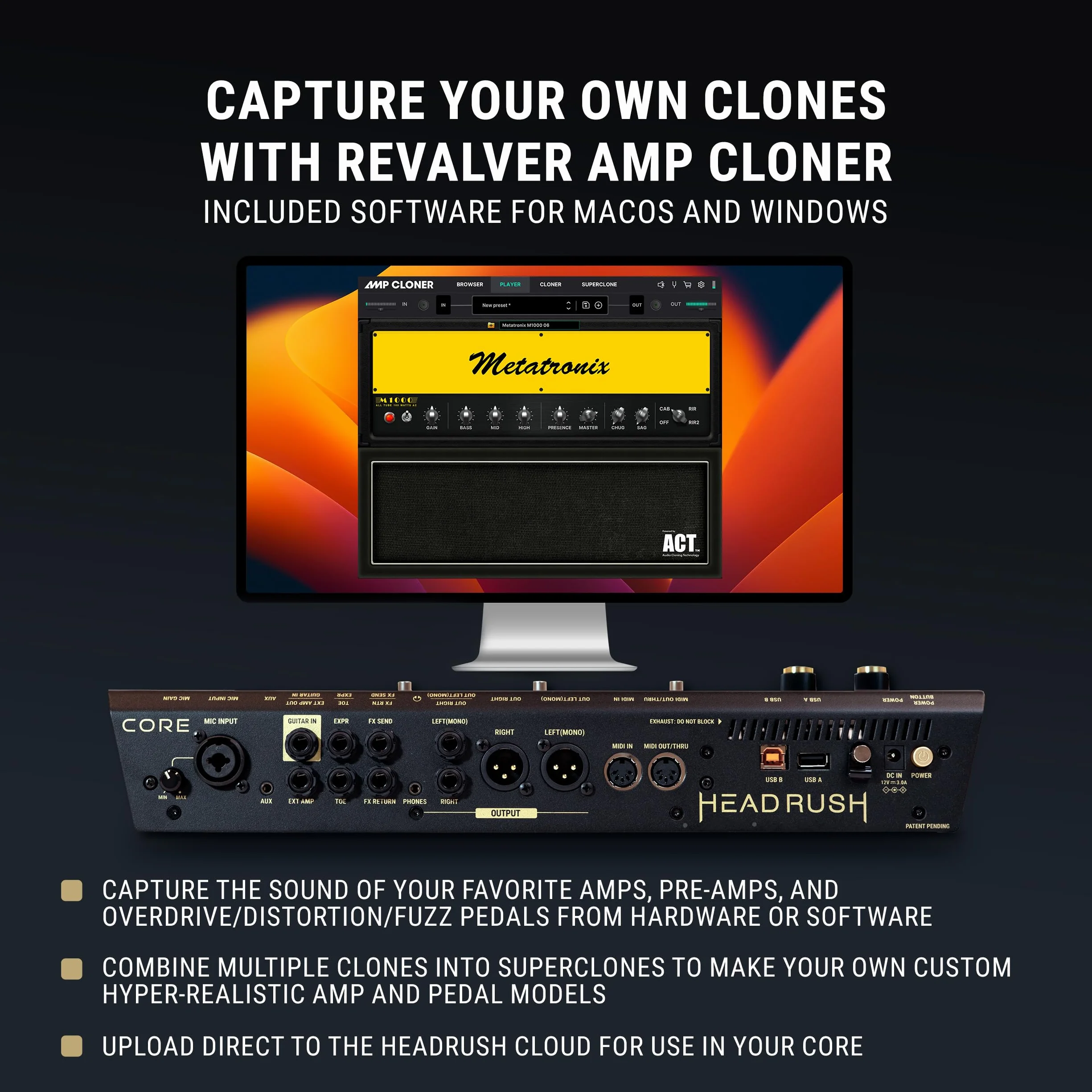 HeadRush Core Wielordzeniowy procesor gitarowy i wokalny z modelowaniem wzmacniaczy, looper, Auto-Tune, Wi-Fi, ekran dotykowy, Bluetooth