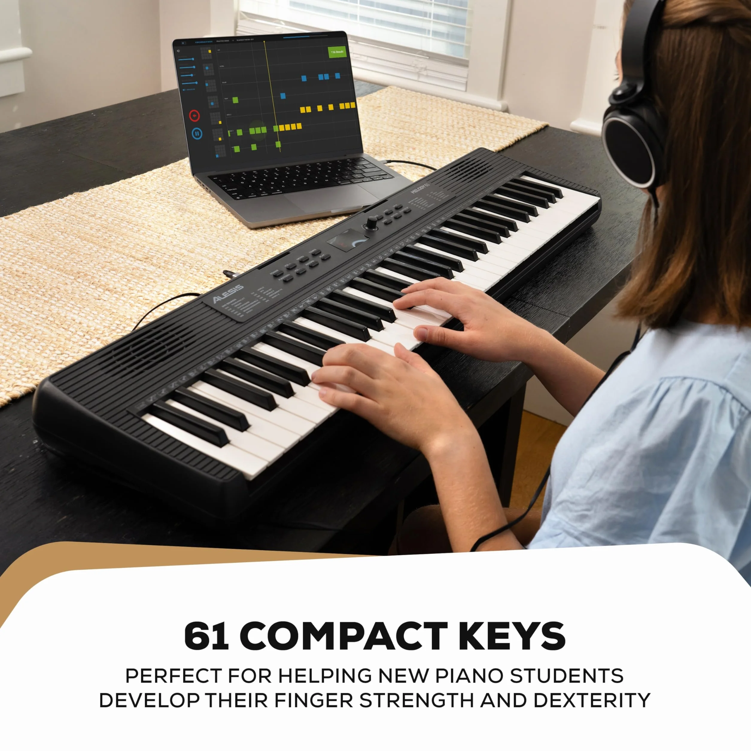 Alesis Melody 61 Pianino dla Początkujących z 61 Klawiszy, Głośniki, Stojak, Ława, Słuchawki, Podpórka pod nuty/tablet, 300 Brzmień i Lekcje gry