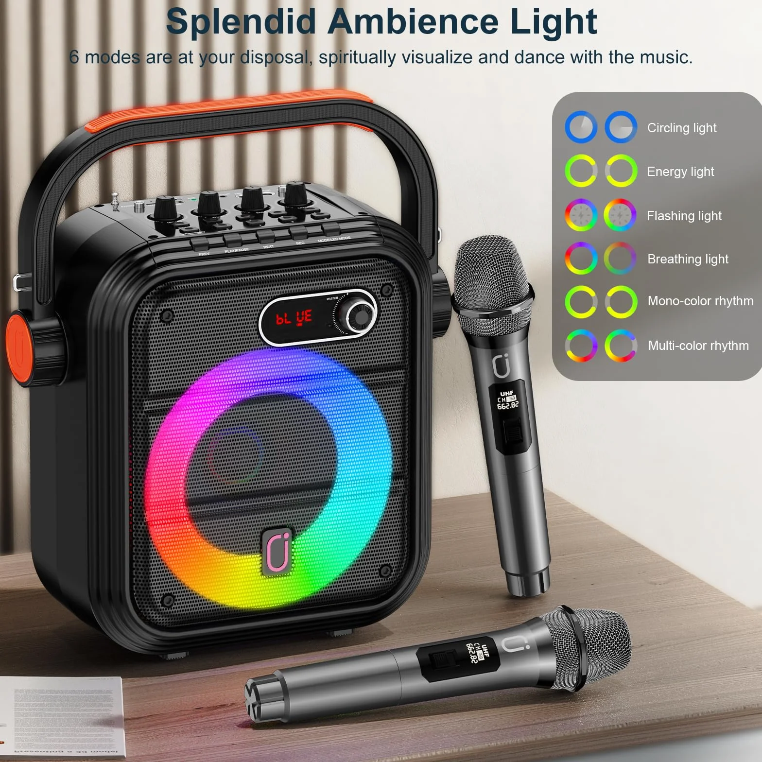 JYX 66PRO Maszyna do karaoke z 2 mikrofonami bezprzewodowymi, system PA z wysokimi i basami, przenośny głośnik Bluetooth ze światłem RGB, obsługuje transmisję na żywo/monitoring, nadaje się dla