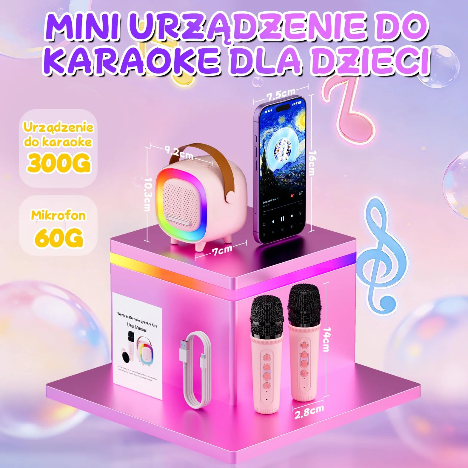 Mini Karaoke dla Dzieci i Dorosłych, 7 Trybów Efektów Dźwiękowych 6 Trybów Podświetlenia, Przenośny Głośnik Bluetooth z 2 Mikrofonami Bezprzewodowymi, Prezenty Świąteczne i Urodzinowe