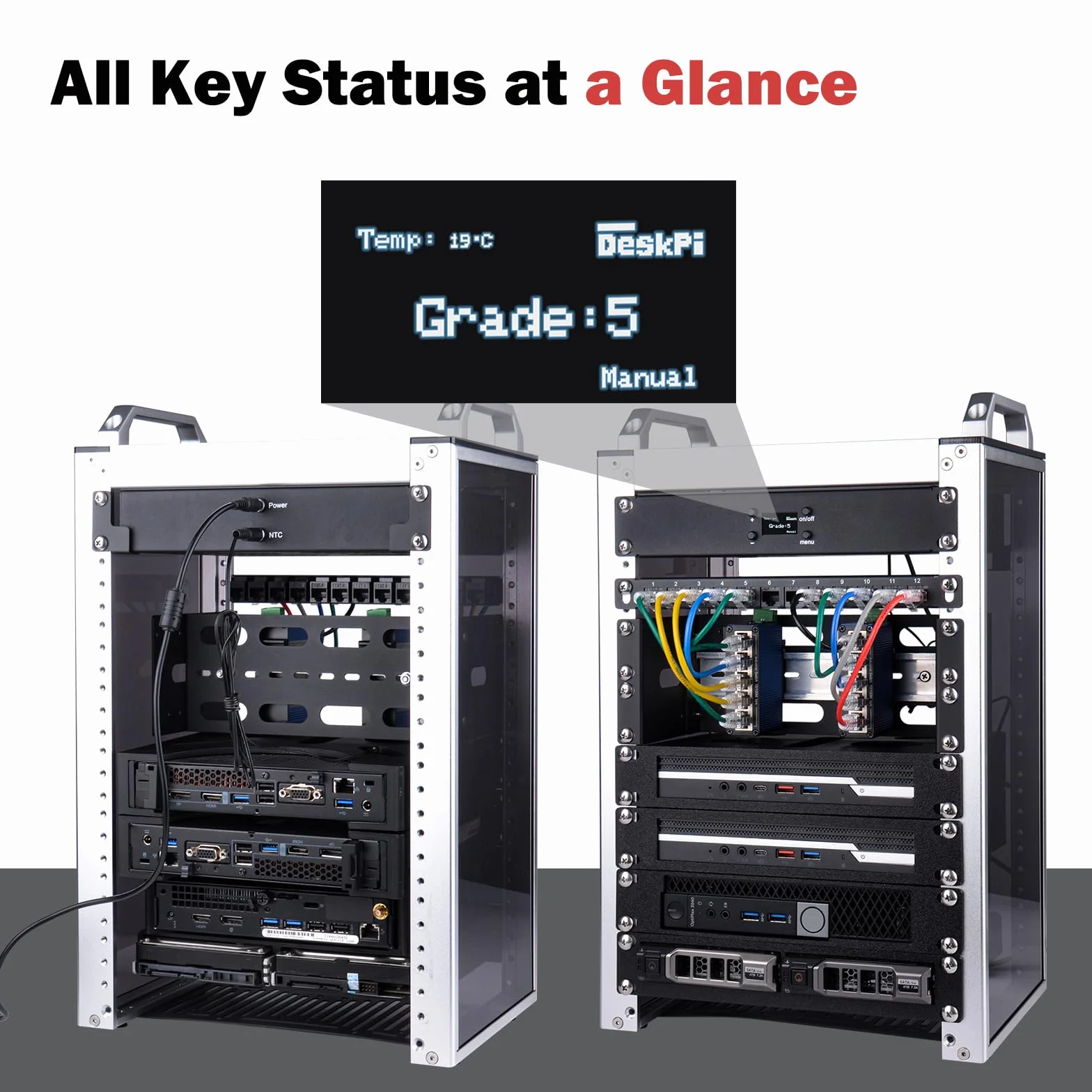 GeeekPi 10-calowy 1U Rackmount Fan Taca z wyświetlaczem OLED, 4 sztuk 80mm aktywne wentylatory do 10-calowego mini serwera rack, kompatybilny z DeskPi RackMate T0 / T1 / T2 / T0 Plus / T1 Plus / TL1