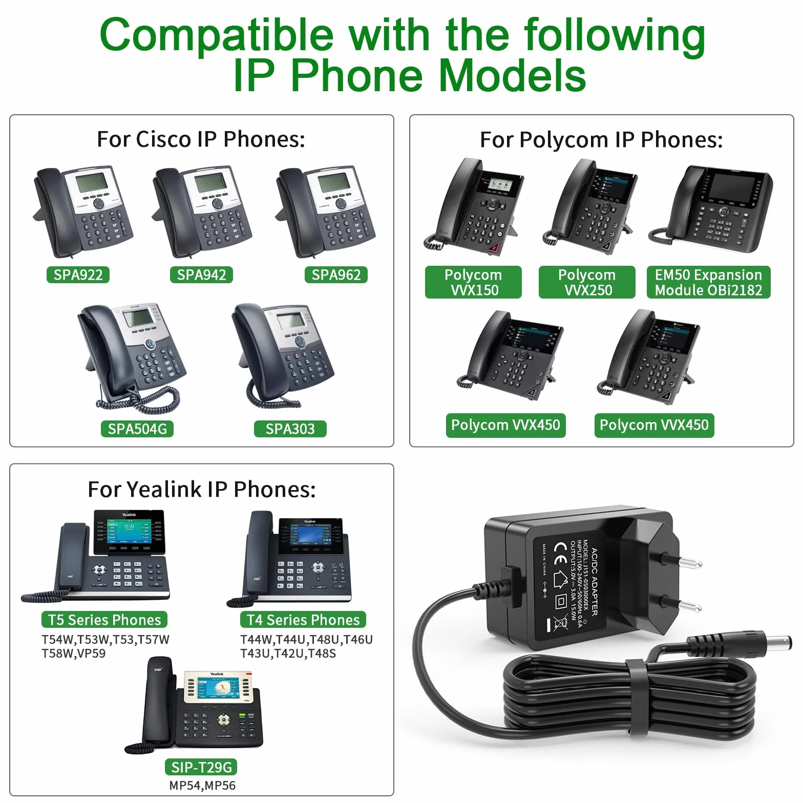 5 V zasilacz adapter do telefonów Polycom IP VVX 150 250 350, do telefonów Cisco Voip IP SPA 303 500 501G, do telefonów Yealink VoIP IP SIP-T20P SIP-T22P