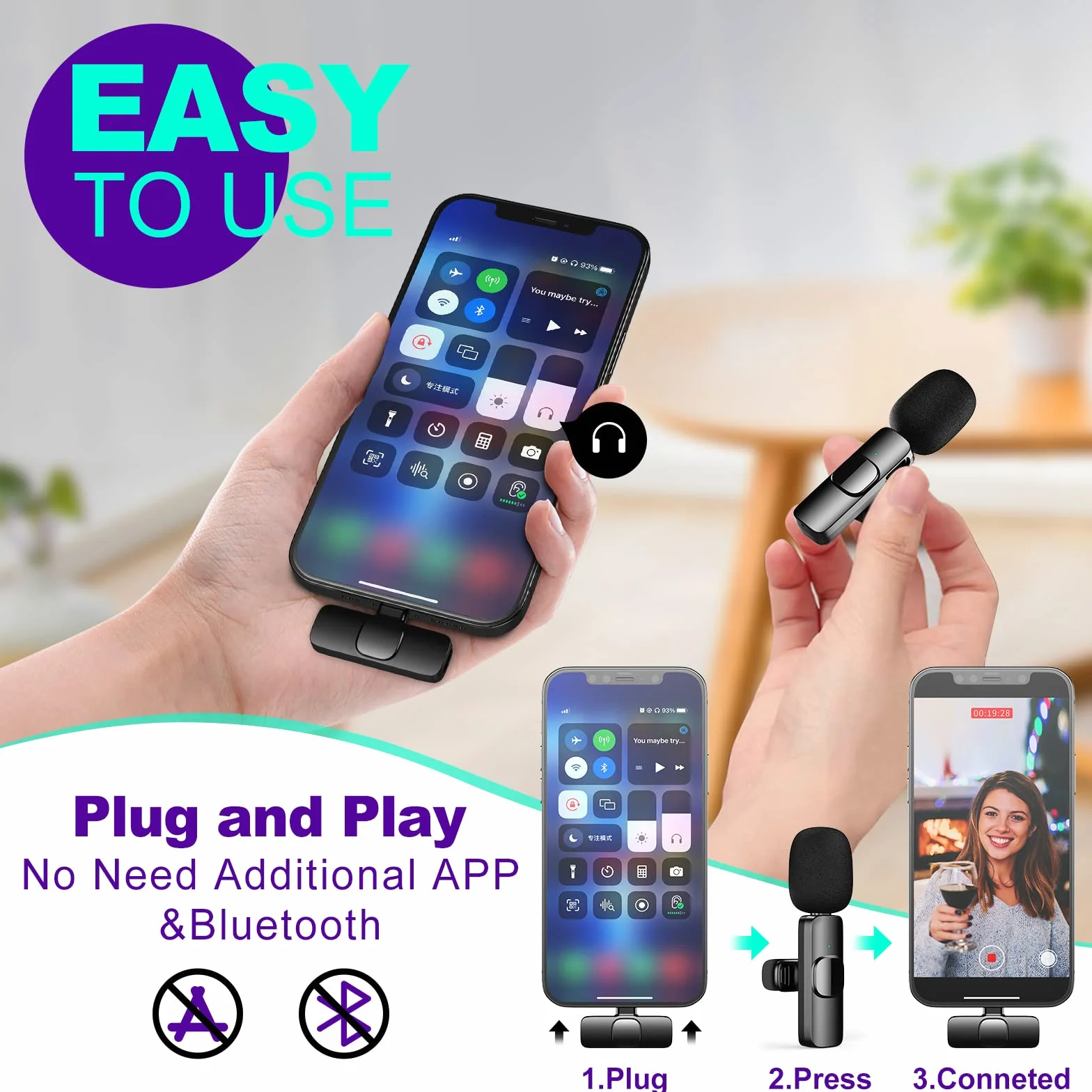 Lavalier mikrofon bezprzewodowy, kompatybilny z iPhone/iPad, Plug-Play, bezprzewodowy mikrofon z redukcją szumów, do vlogowania, wideo, podcastów, wywiadów, nagrywania w YouTube (2 mikrofony)