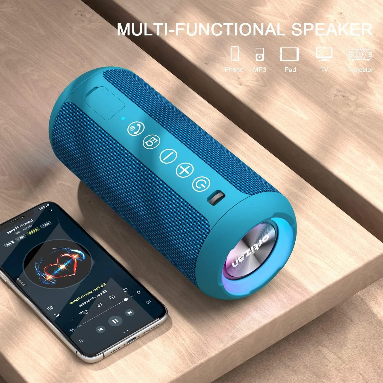 Ortizan Głośnik Bluetooth ze światłem LED, mini, przenośny, funkcja głośnomówiąca, bezprzewodowy, wodoodporność IPX7, dźwięk przestrzenny 360°, z AUX, TF, do użytku na zewnątrz