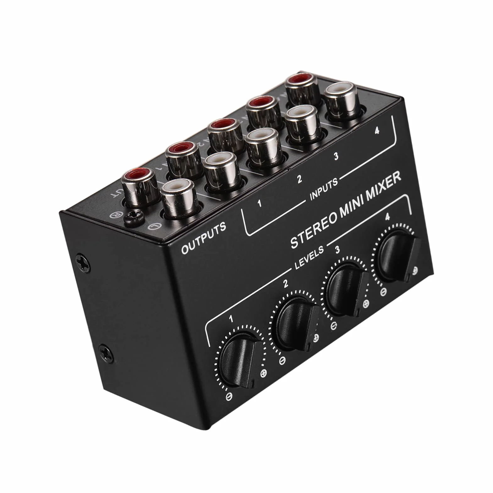 Mikser dźwięku mini stereo z 4-kanałowymi wejściami cinch, oddzielny regulator głośności, Full Metal Shell