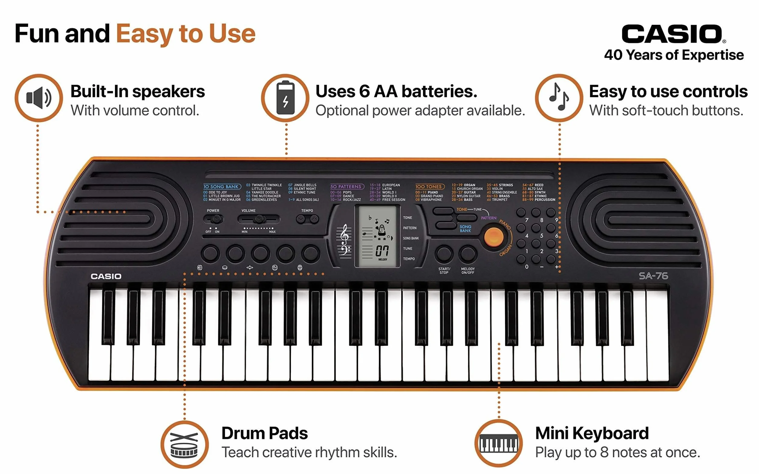 Casio SA-76 mini keyboard z 44 przyciskami, czarno-pomarańczowy