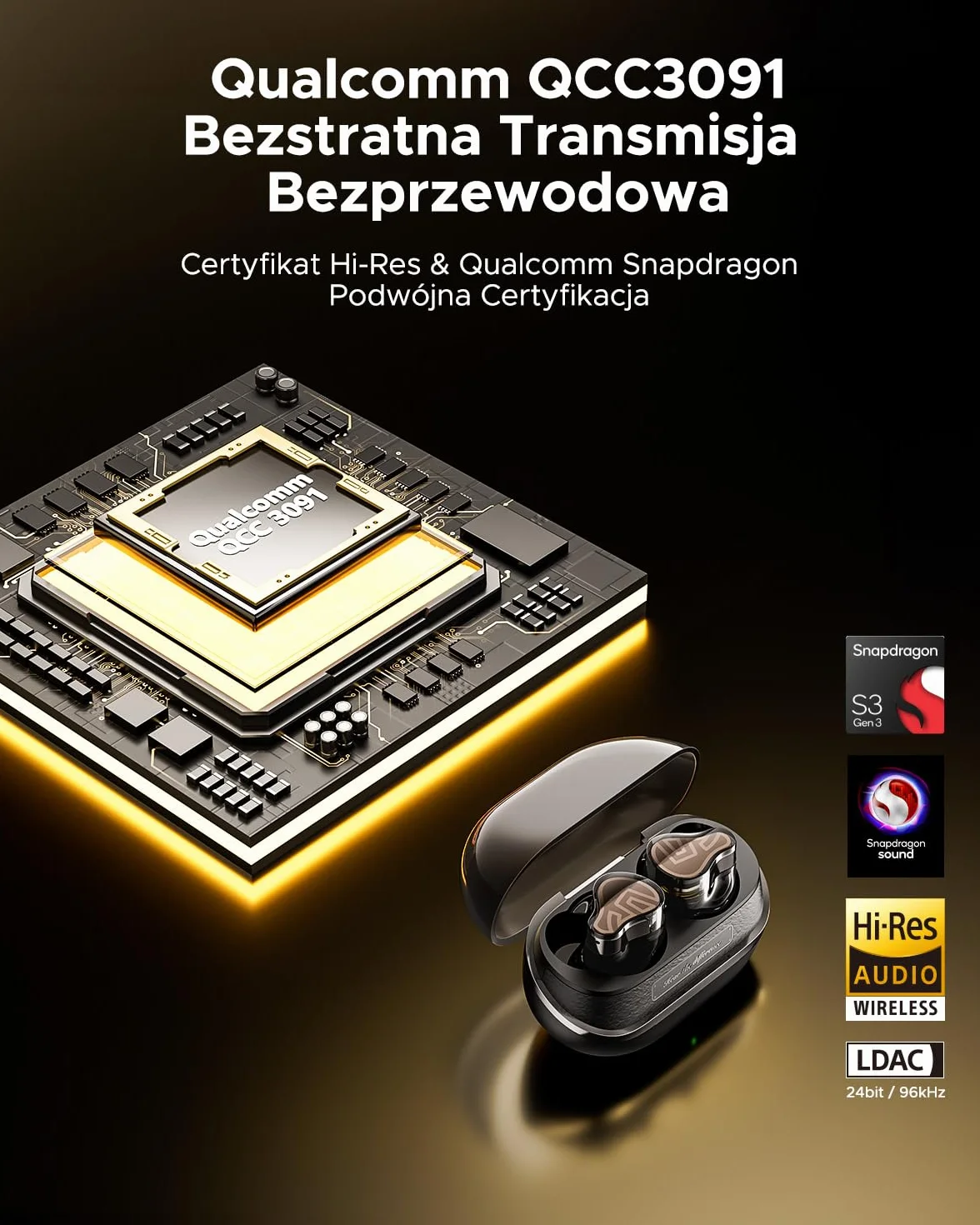 SOUNDPEATS H3 Hi-Fi Bezprzewodowe Słuchawki Bluetooth 5.4 z LDAC i aptX Lossless, 55dB Hybrydowe Aktywne Tłumienie Hałasu z 1DD+2BA, 6 mikrofonów AI, 37h odtwarzania Czarny Tytanowy