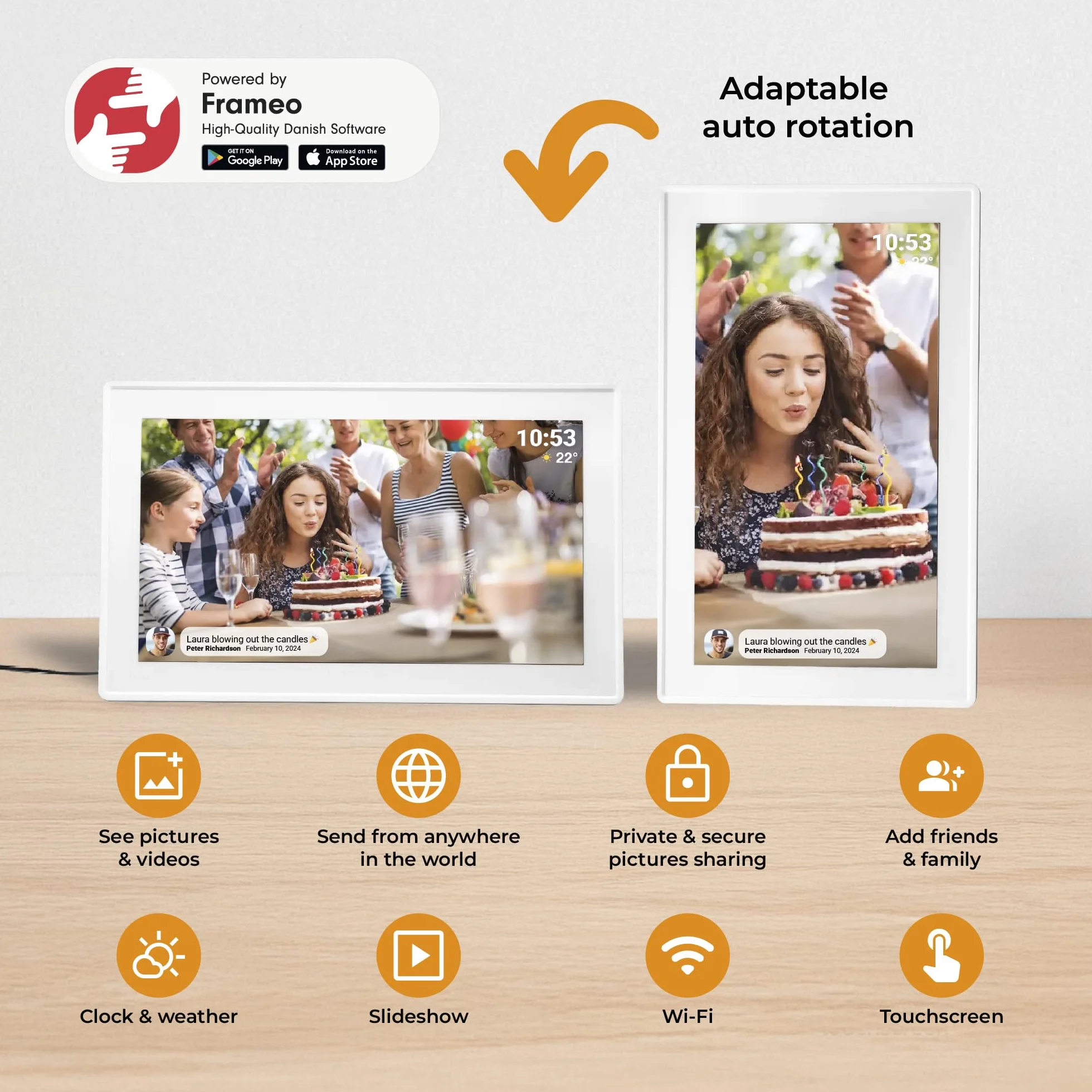 Denver PFF-1515W cyfrowa ramka na zdjęcia Wi-Fi – ekran dotykowy Full HD IPS 15,6", zintegrowane oprogramowanie FRAMEO, bezprzewodowe udostępnianie, automatyczne wyłączanie nocne, pamięć 16 GB, biała