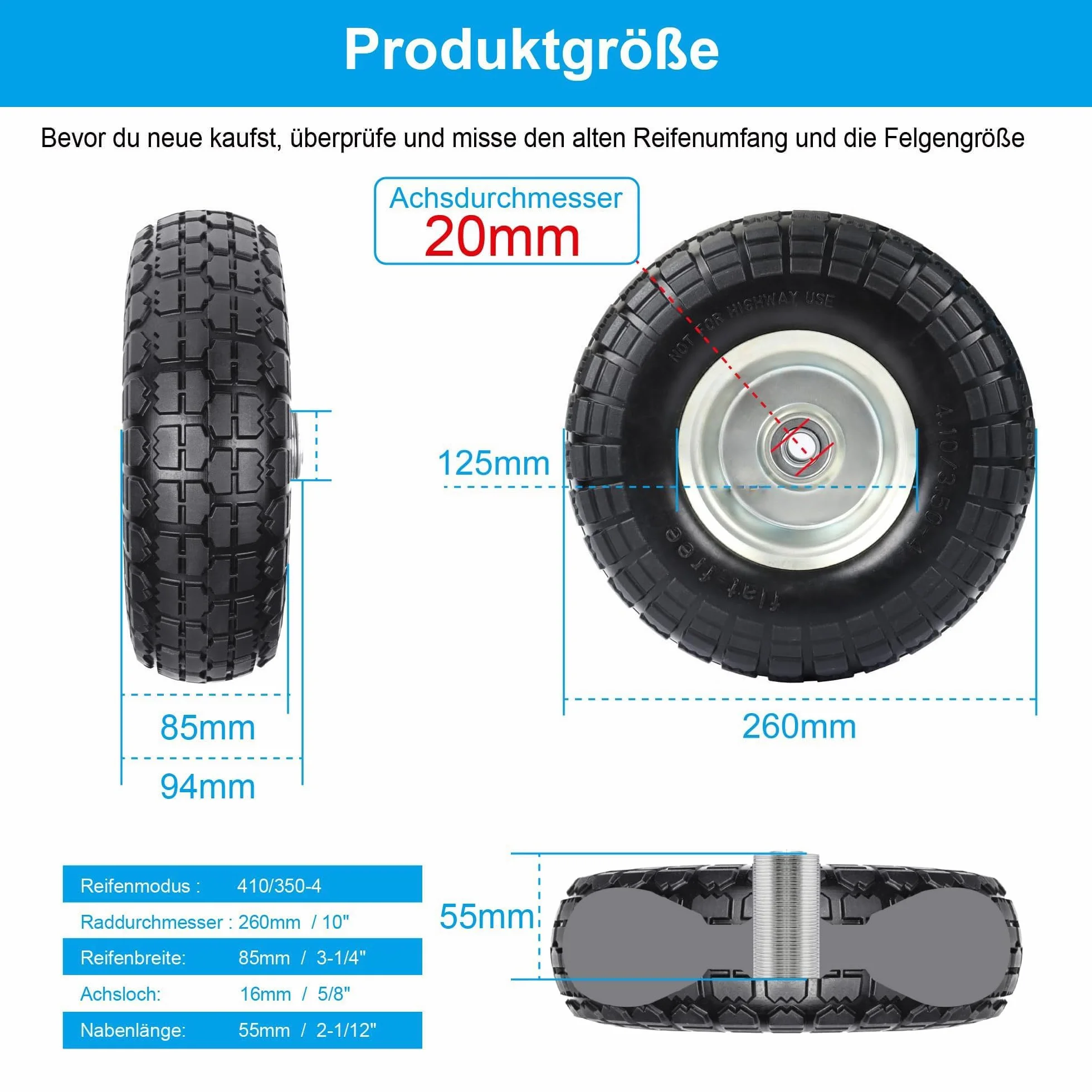 Koła do wózka: zestaw 2 opon z pełnej gumy 4.10 3.50-4, zapasowe koła do wózka transportowego 260 x 85 mm (piasta 20 mm)