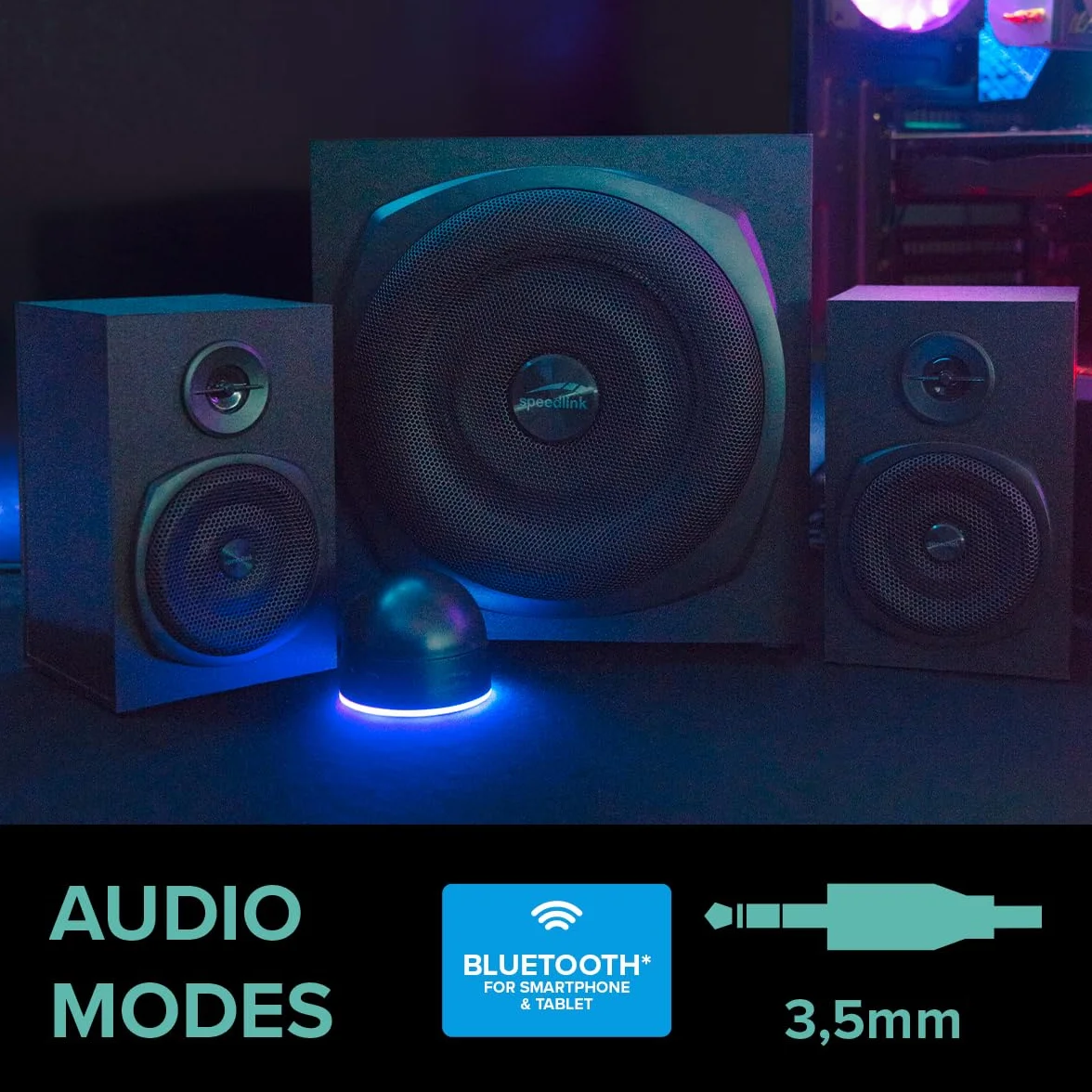 Speedlink GRAVITY LT głośniki komputerowe 2.1 z Bluetooth - z drewnianym subwooferem, aktywny system głośników 80 W, gniazdo AUX 3,5 mm, pilot biurkowy RGB, czarny