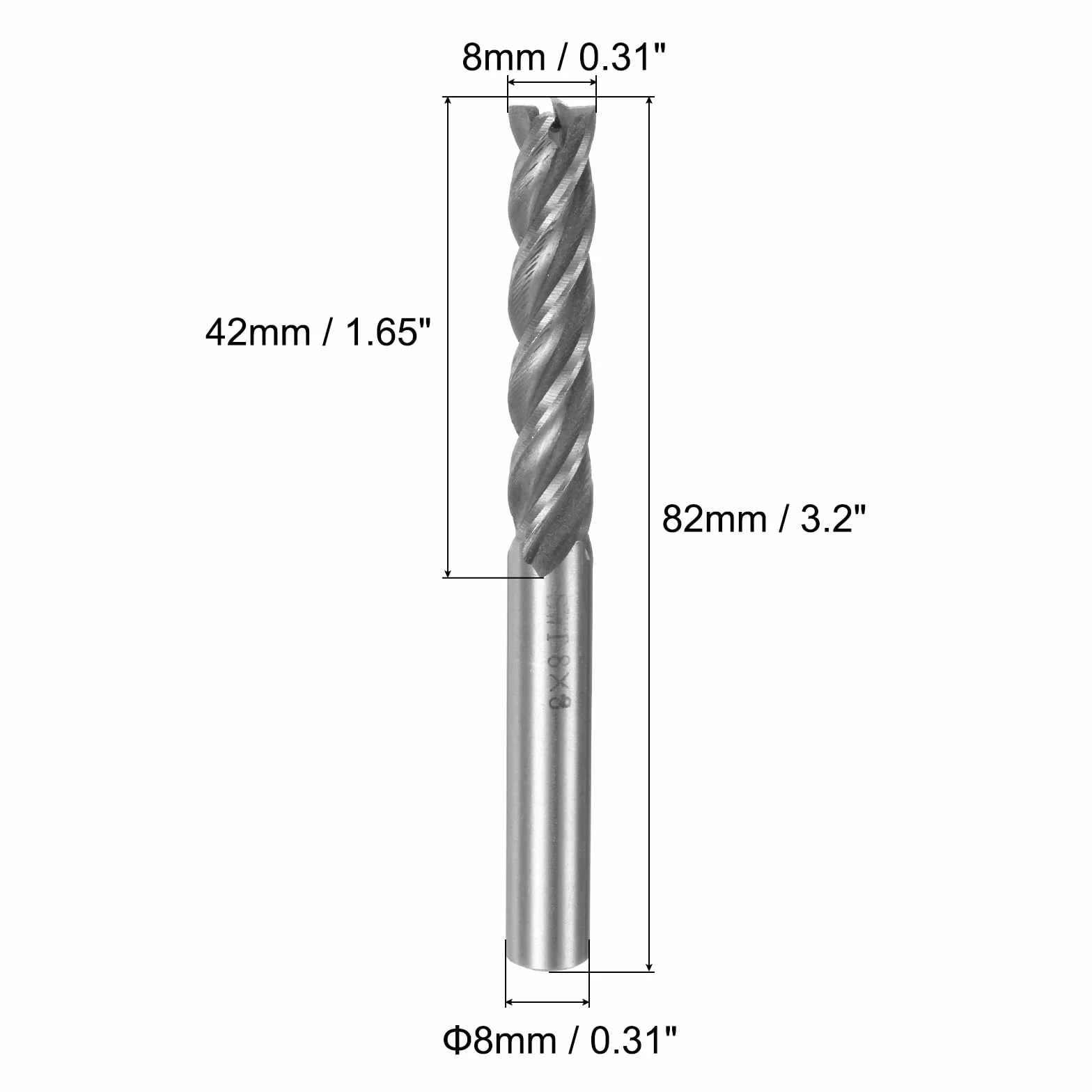 QUARKZMAN 2 szt. 8 mm x 8 mm 42 mm Głębokość cięcia spiralnego rowka 4 rowki HSS-AL spiralne końcówki młyna frez