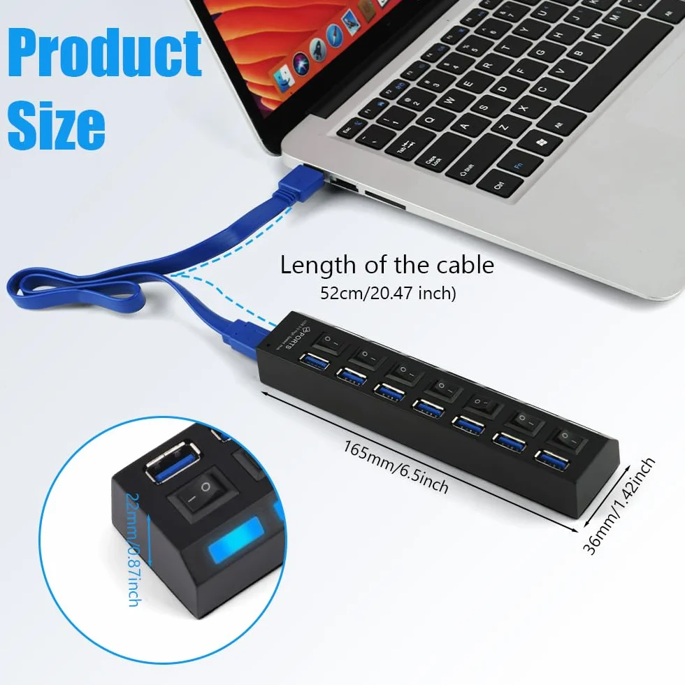 OFFCUP Hub USB 7 portów z zasilaczem, rozdzielaczem USB, aktywnym hubem USB 3.0+2.0 z indywidualnymi przełącznikami i wyświetlaczem LED, plug & play, do laptopów, komputerów MacBook i innych urzą