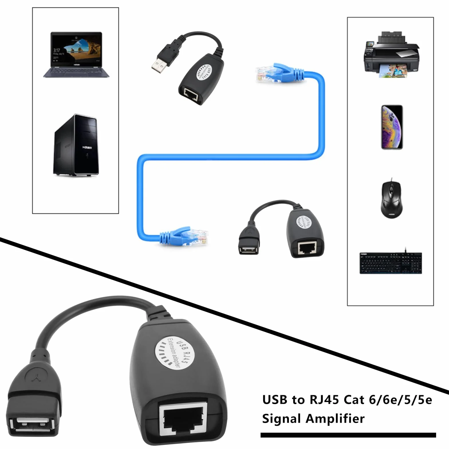 OTOTEC 1 zestaw adapterów USB Ethernet, rozdzielacz RJ45 Ethernet na USB adapter przedłużający do Cat5/5e/6/6e, do 50 m, nadaje się do komputerów, telefonów komórkowych, dysków U, drukarek, aparatów