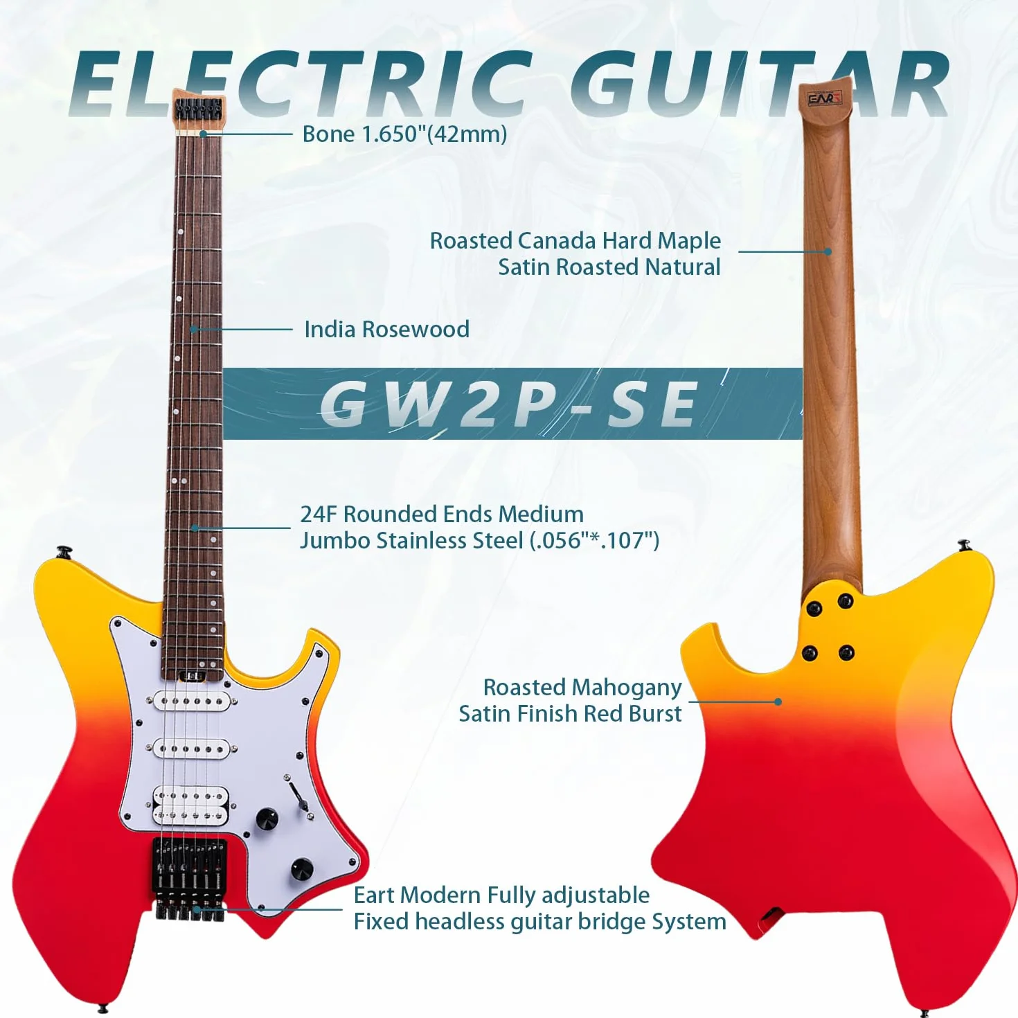 EART GW2P-SE Gitara elektryczna bez główki z korpusem z palonym mahoniem i gryfem z klonu kanadyjskiego, zaokrąglonymi końcówkami, średnie jumbo ze stali nierdzewnej (Red Burst)
