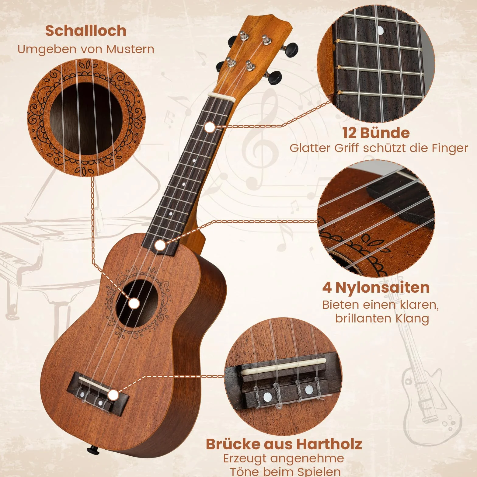 COSTWAY Ukulele sopranowe, drewniane ukulele 21", zestaw startowy z torbą, pick, tunerem, gęstymi i dodatkowymi strunami nylonowymi, w stylu vintage, mała gitara w stylu vintage, dla dzieci, dorosłych