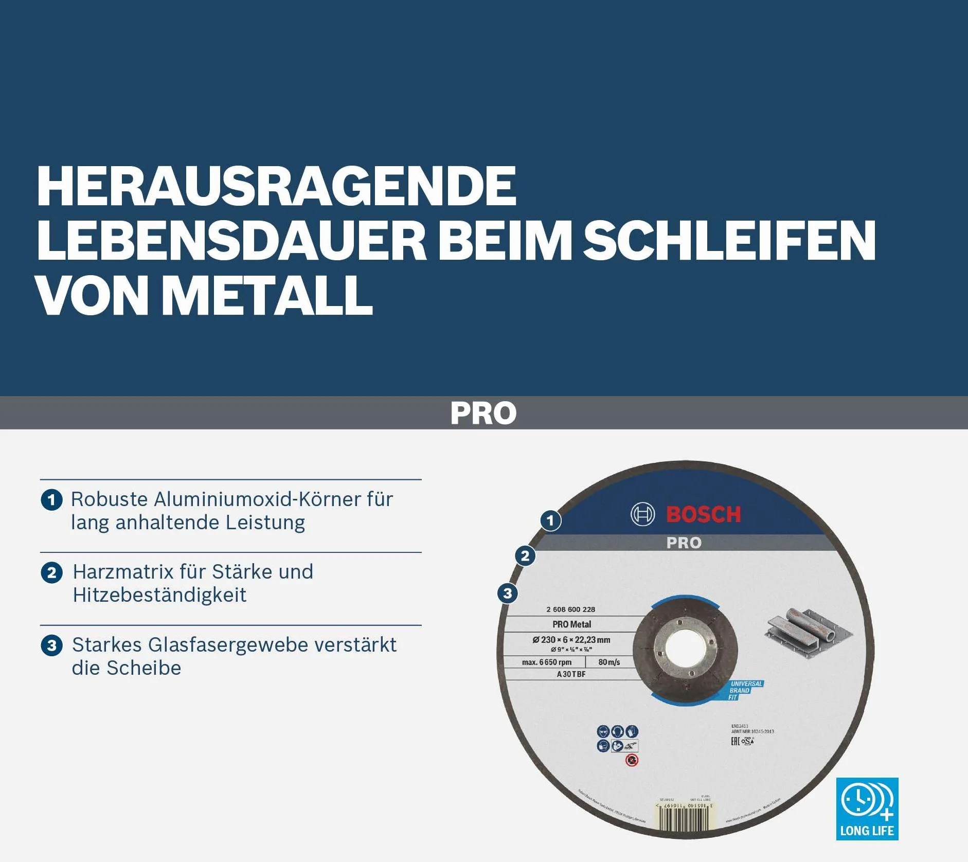 Bosch 1 x PRO Metal Longlife tarcza szlifierska do dużych szlifierek kątowych i otwór 22,23 mm (do stali, Ø 180 mm, profesjonalne akcesoria, duża szlifierka kątowa)