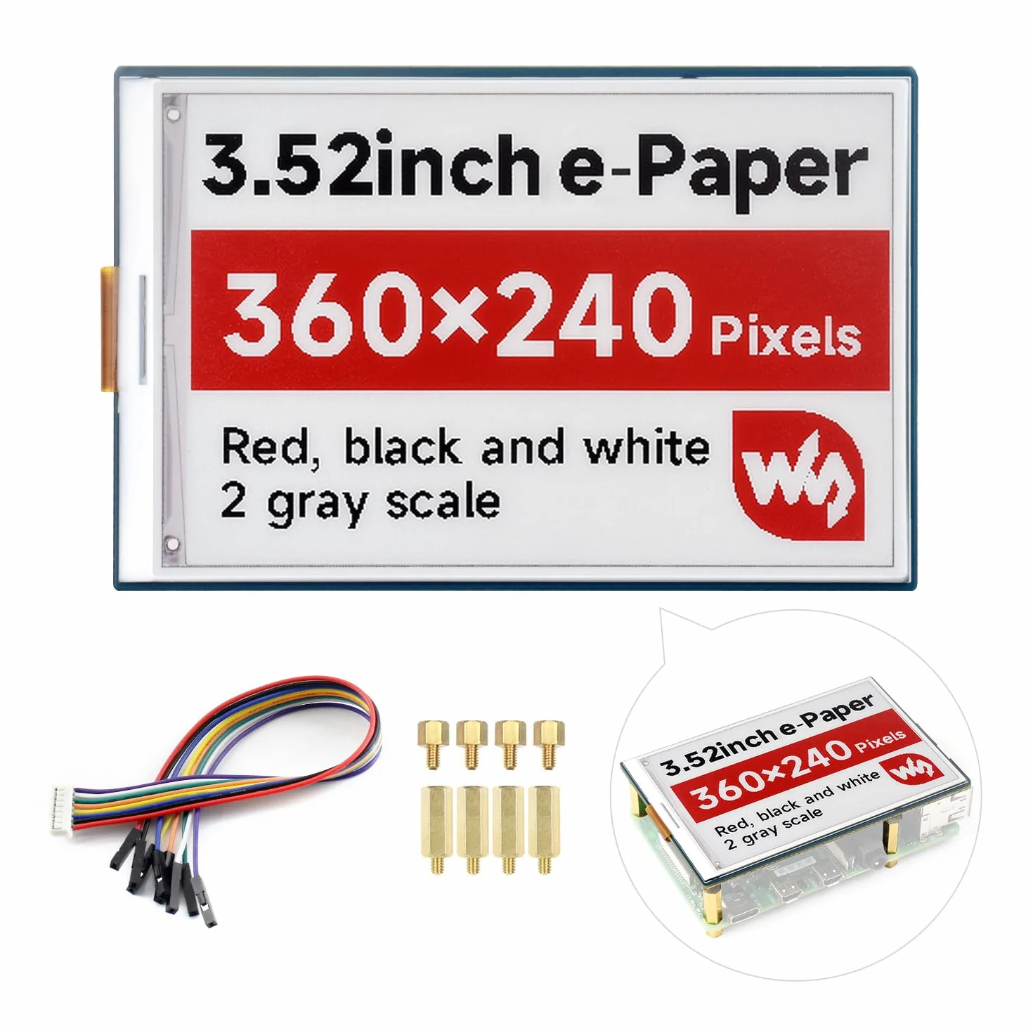 Waveshare 3.52inch e-Paper Display (B), e-Ink Display, 360x240, Red/Black/White, Compatible with Raspberry Pi 5/4B/3B/Zero/Zero W/Zero 2W/Pico/Pico, Support Jetson Nano/TX2/Xavier N/Orin and RDK X3