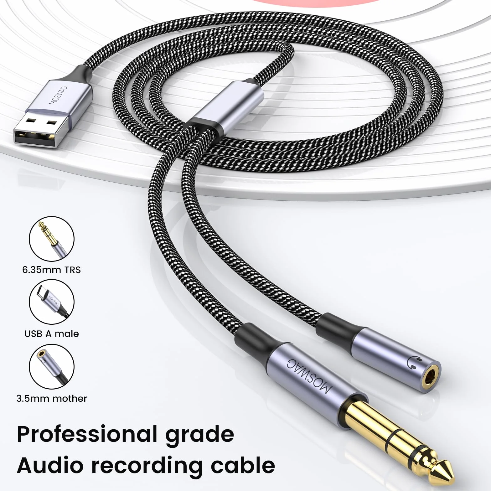 MOSWAG Kabel audio 6,35 mm na USB, 1/10.2 cm męski na USB A kabel do nagrywania ze słuchaniem, nylonowy pleciony kabel instrumentu muzycznego do nagrywania muzyki, słuchania, śpiewania