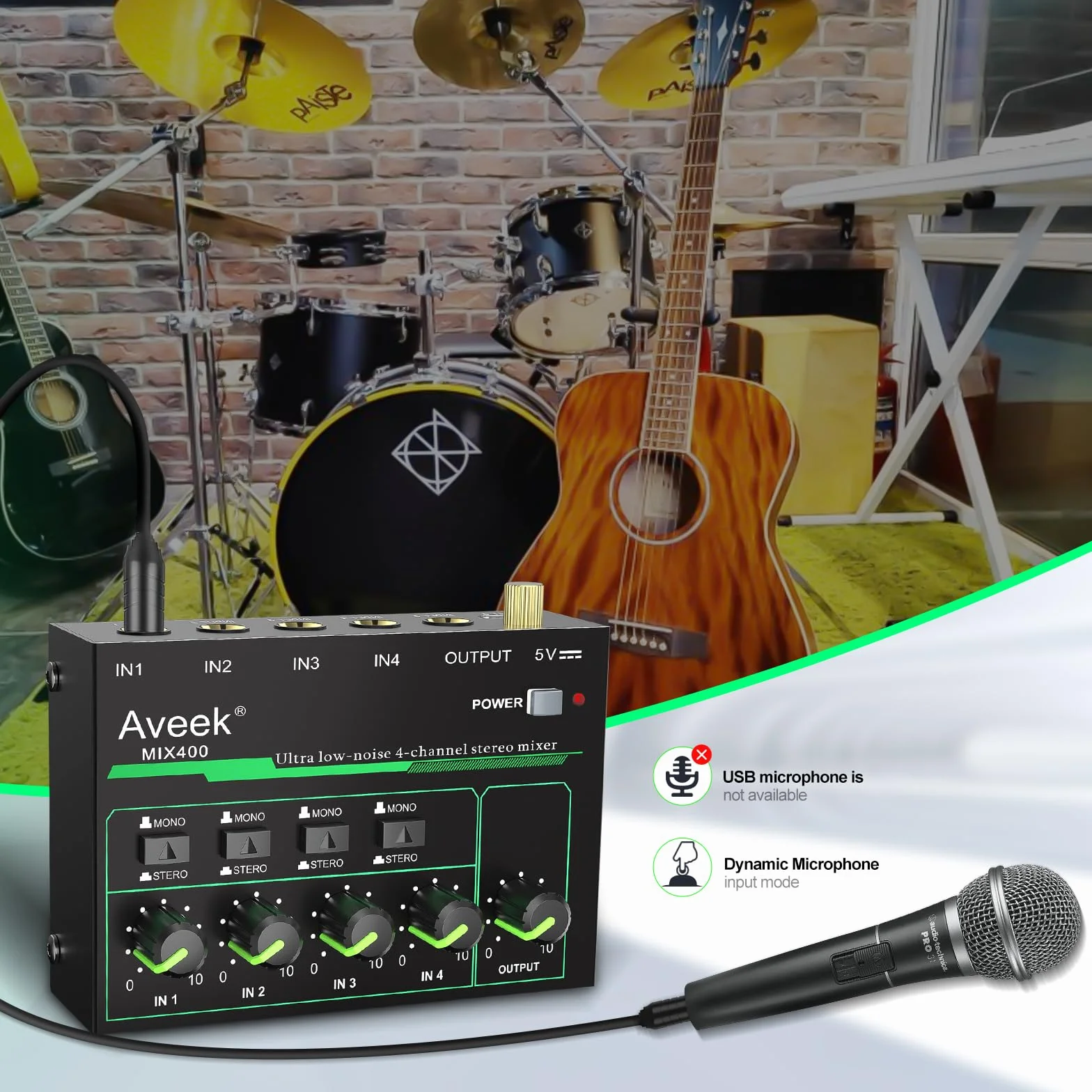 Aveek Mikser 4-kanałowy – mini 4-kanałowy mikser audio stereo, niski poziom hałasu dla precyzyjnego podmieszania, wejście/wyjście TRS 1/10.2 cm idealny do mikrofonów/gitar/basów/scen
