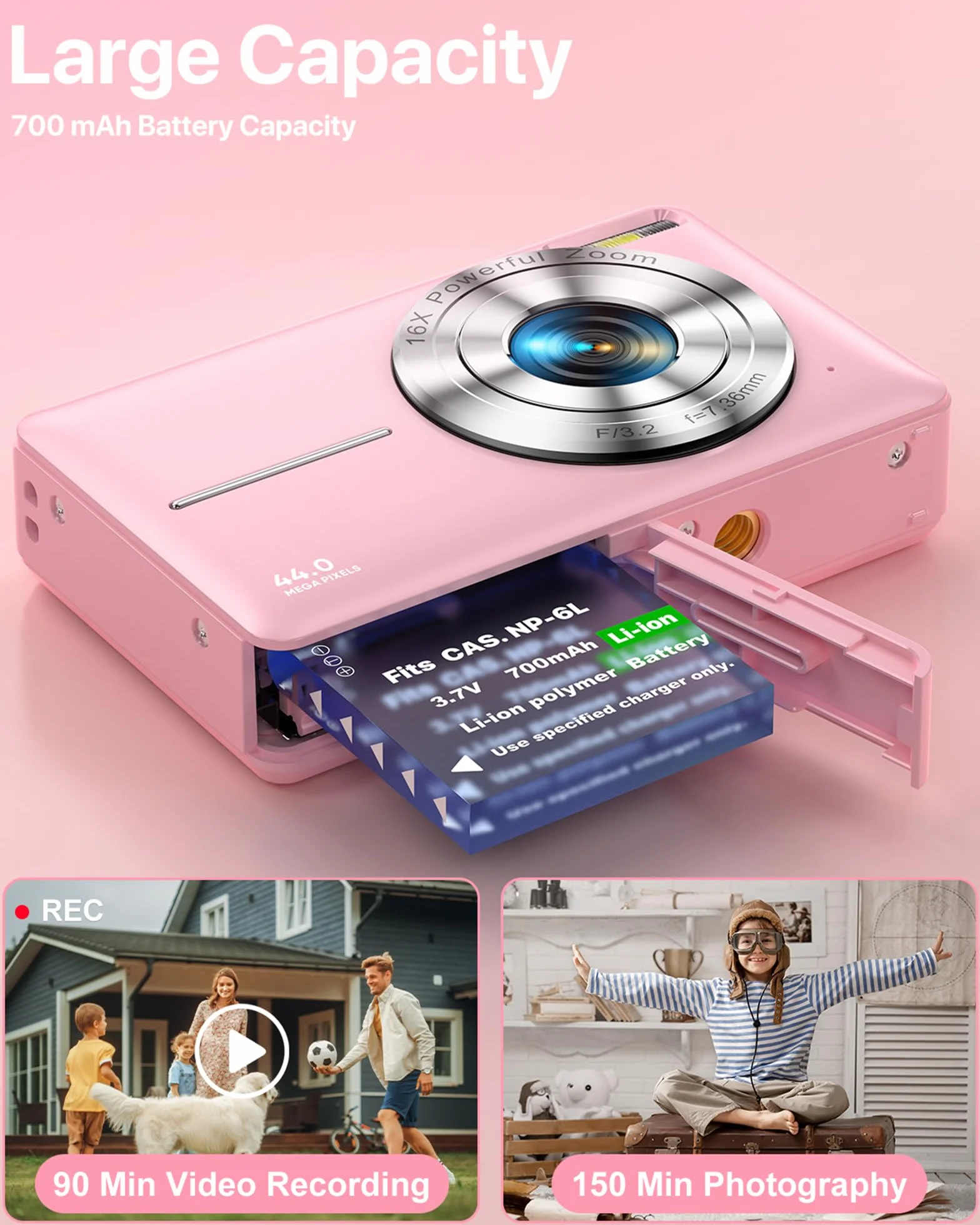 Kompaktowy aparat cyfrowy 1080P FHD 44 MP przenośny mini mały aparat fotograficzny z ekranem LCD 2,4 cala, 16-krotnym zoomem cyfrowym i 1 baterią kamera do vlogowania dla dzieci, dziewcząt, chłopców