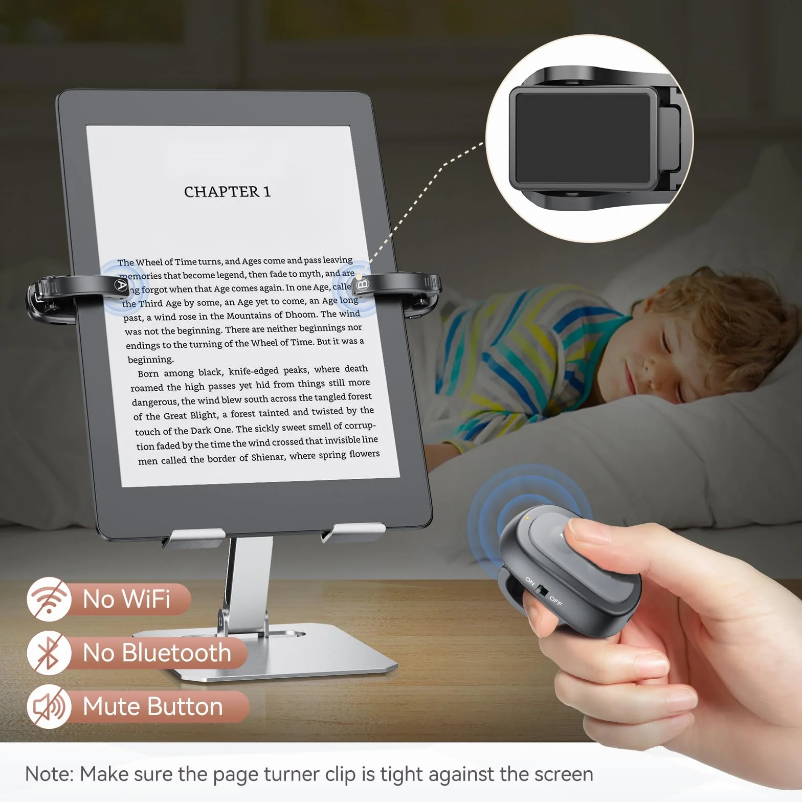 Pilot RF, Kindle Page Turner z ładowaniem USB-C, klips A i B, wskaźnik LED, zabezpieczenie przed odciskami palców, długi czas czuwania dla czytników e-booków — łatwa obsługa jedną ręką