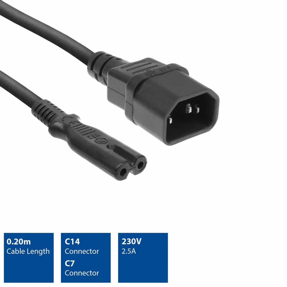 ACT C14 na C7 kabel zasilający, 0,2 m, wtyczka C14 na gniazdo C7, 2-biegunowy kabel zasilający, figurka 8– AK5248