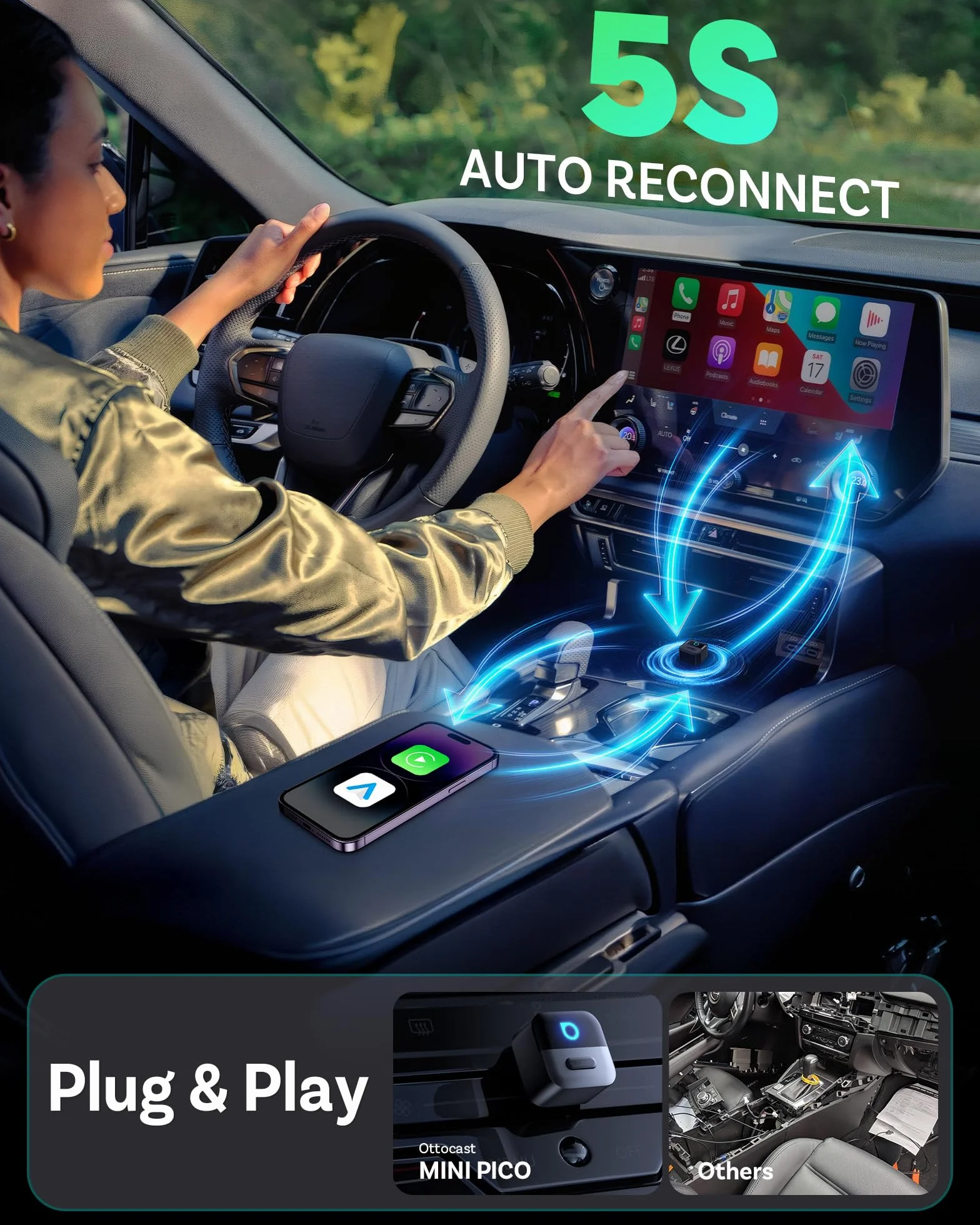 OTTOCAST Mini Pico 2026 CarPlay & Android Auto bezprzewodowy adapter, Smart Button, 5-8s Auto Connect, Plug & Play, USB-A/USB-C, aktualizacja OTA, przewodowy na bezprzewodowy (iOS 10+/Android 11+)