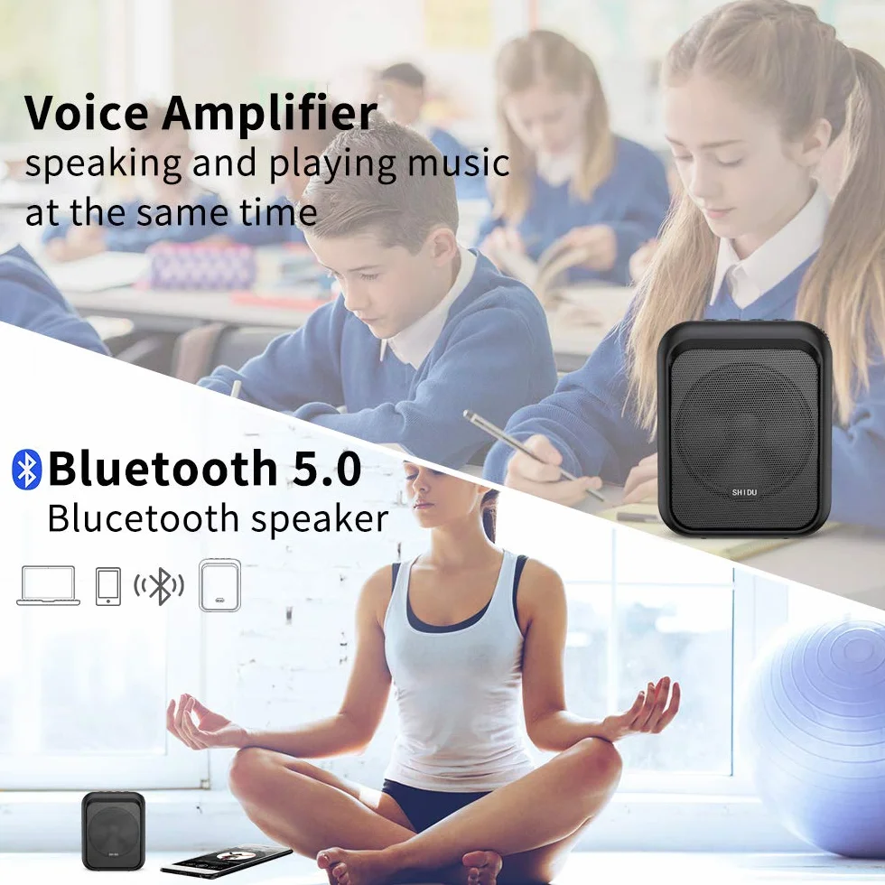 SHIDU mini przenośny głośnik Bluetooth wzmacniacz głosu z bezprzewodowym słuchawkami UHF system nagłośnienia 10W 1800mAh, piosenkarz, taksówkarz kierowca, szkolenie, przewodnik turystyczny