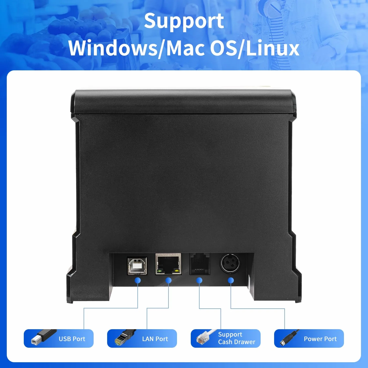 NetumScan Drukarka pokwitowań POS 80 mm USB 300 mm/s termiczna drukarka pokwitowań z automatycznym cięciem, szufladą, interfejsem Ethernetowym USB, obsługa Windows/Mac/Linux